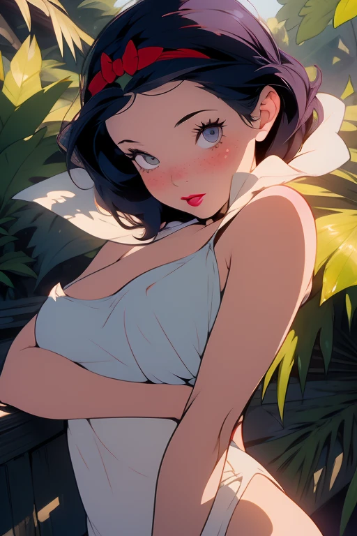 (masterpiece, best quality), beautiful girl,  snow white, lying, (detailed beautiful eyes) medium body shot, short black hair, red ribbon, big breasts, nude, no clothes, naked, ultra detailed blue eyes, nsfw