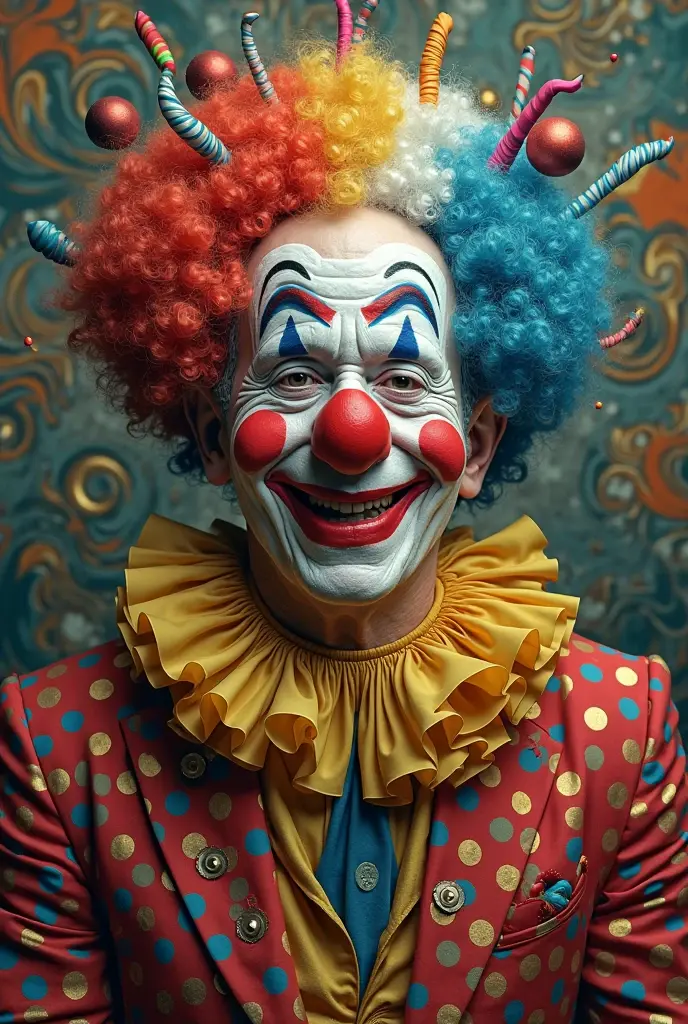 Light pink around the eyes,映画Jokerのような,hair is yellow,Hats come in three colors,Realな人間,Illustration is different,clown,Joker,Face white,Cross painted on eyes,Yellow hair,Three-color hat,whole body,4K,high resolution,uncle,Real,Real Humans,Man in his 40s,The hat is white, blue and red,Star-patterned clothing,White gloves,Big red paint on mouth,The hat is white, red and blue,whole bodyは青と赤と白,bow tie is red,The hat is white with red and blue stripes.,Scary face,Angry,Vertical stripes,