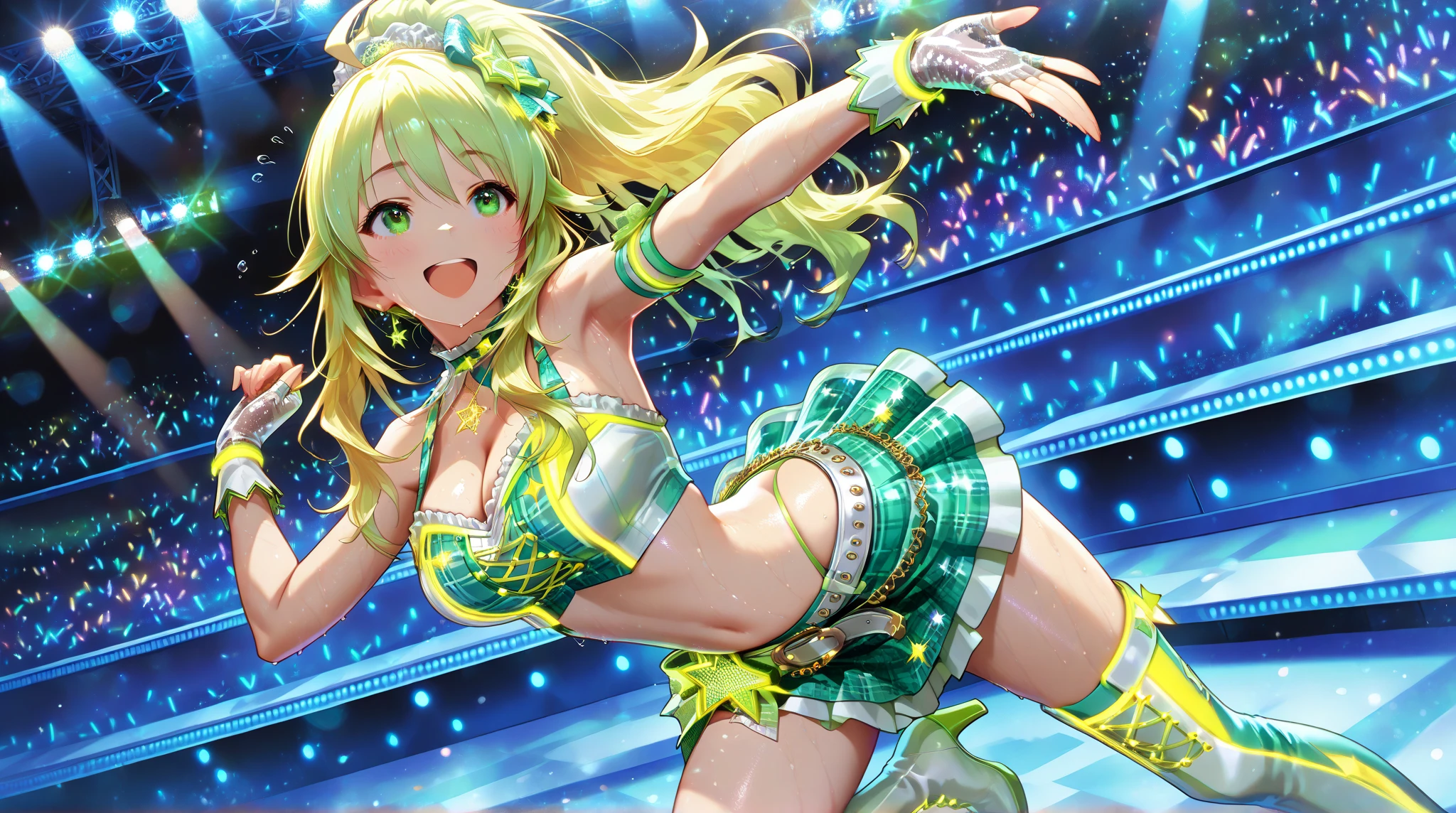 rvst, a woman, anime girl, 8k, ecstatic expression, festival, beautiful, colorful, translucent glowing latex miniskirt, night, lasers, panties, bra, cleavage, medium breasts, anime print clothes, sexy, camel toe