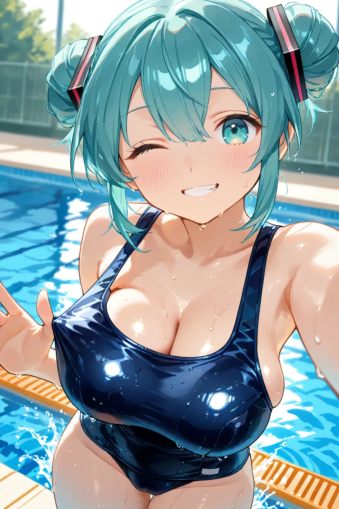 ((masterpiece、top-quality:1.5、a high chroma:1.5、ultra-detailliert、high-resolution illustrations:1.5、Ultra-high-definition CG、8k size wallpaper、offcial art))、((front view:1.8)),(1woman,),(cute face:1.5,cute eyes:1.5)、((face:1.5)),((close to viewer:1.8,face only:1.5)),
(grin:1.3)、(sexy body),((sit:1.8)),,(competition swimsuit:1.5),(wet head, face, and body:1.8),(multicolored hair:1.5), (large breasts:1.5),(curvy:1.3)、(Portrait:1.8)
,(Shining aqua eyes:1.2),((sit by the pool at night:1.5)),((waving at viewer.:1.5)),((point at viewer:1.5)),(cowboy shot)、