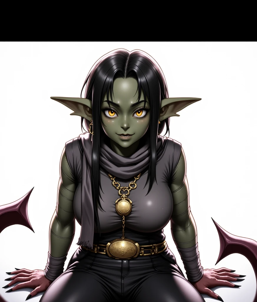 masterpiece, best quality, ultra-detailed, 1 girl, goblin girl, female goblin, goblin, 1girl, green skin, pointy ears, ((large ears)), sharp teeth