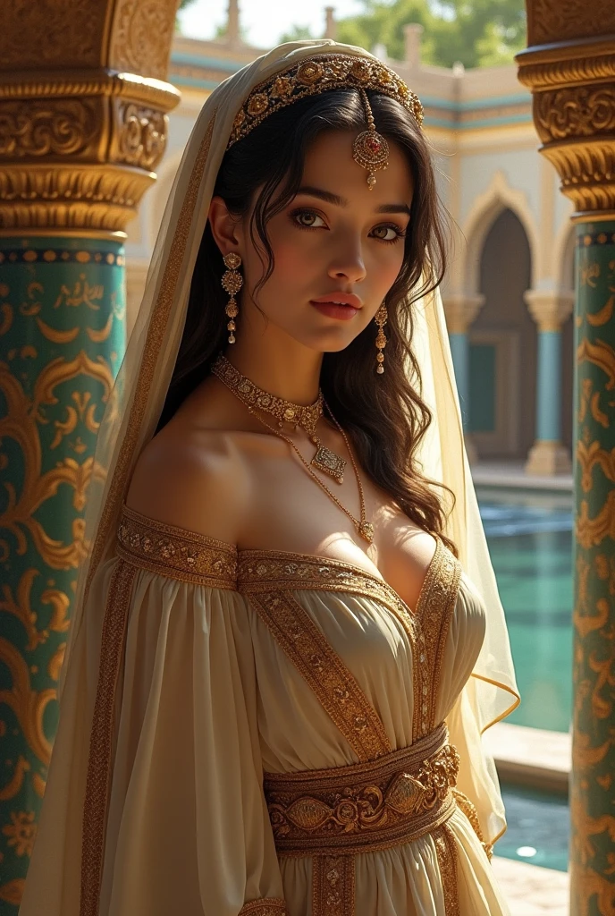 Front view , ((Full-body, standing on garden), a Persian ancient girl, looking at viewer, Persian girl is 20 years old, (Highly detailed face, Black hair ,long hair, Brown eye, Her eyes were outlined with kohl, accentuating their size and depth , serious), (big breasts, wide hip), (She wore a knee-length light blue gown adorned with intricate embroidery, complemented by gold bangles and necklaces. A second, longer shawl covered her head and shoulders, framing her face like a white see-through veil), ((Surrealism, Verism, UHD, retina, masterpiece, anatomically correct, accurate, textured skin, super detail, high details, high quality, best quality, highres, 8k))