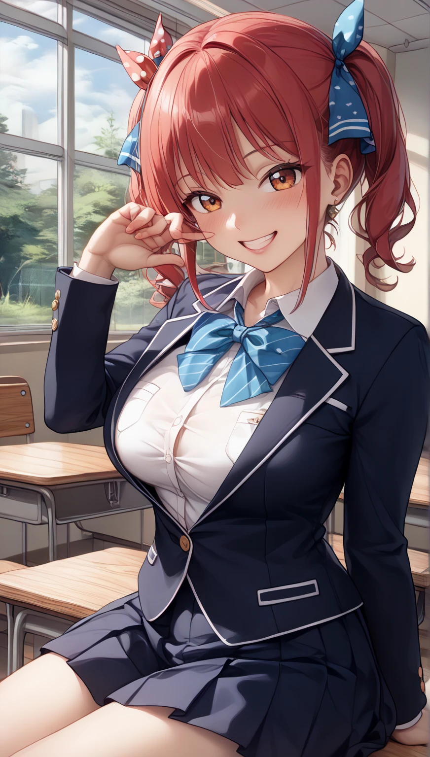 masterpiece, best quality, anime, highly detailed, 1girl, solo, , standing, classroom, monika, green eyes, brown hair, very long hair, ponytail, hair ribbon, white ribbon,