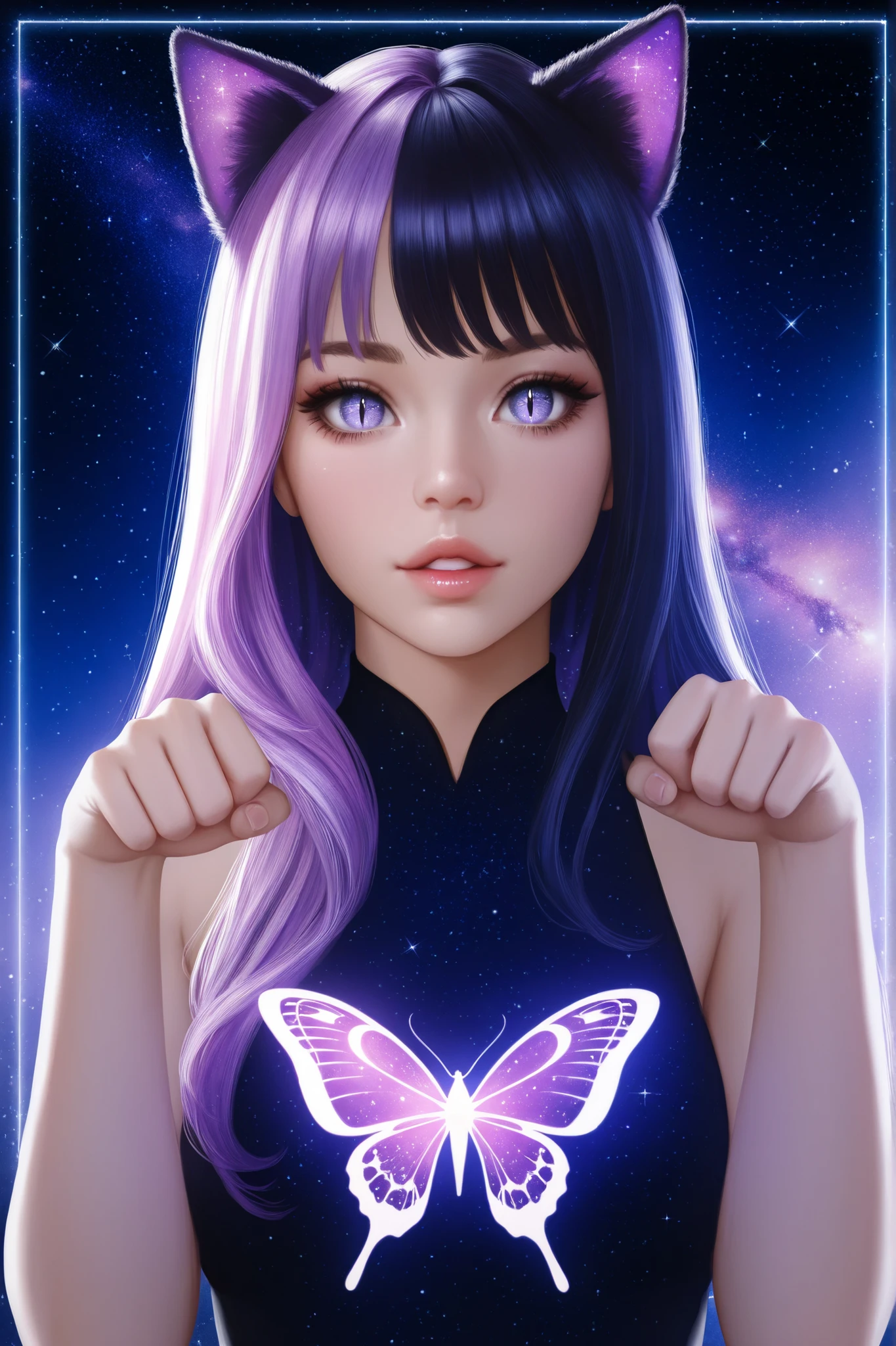 1girl, ultrarealistic, cosmic, sparkle, solo, animal_ears,cosmic,stardust_face, ultralong_hair, star_(symbol),female_cancer_zodiac_cat,cancer_zodiac_cat,beautiful_cosmic_ultra_long_lashes_eyes, cosmic_eyes, looking_at_viewer, cat_ears, multicolor_hair, bangs, slit_pupils, lips, parted_lips, star_(sky), shiny, glow, ultralong eyelashes, makeup, upper_body ,cute_pose, starry_sky black_background, glow, butterflies_border, glow, mist_of_purple_smoke mist_of_purple_smoke butterflies_border