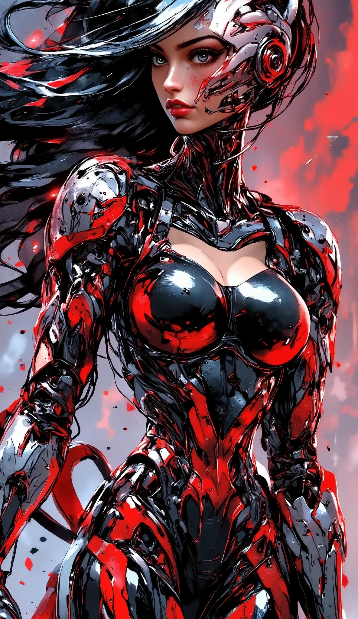 mythp0rt, Inkpunk Anime BREAK, cyberpunk robot samurai woman, robot face with mirrored face shield, hyperdetailed helmet, flowing black hair, reflective black and red armor, robot joints, body made of metals, cables and wires, a katana strapped to her back, abstract colour gradient background