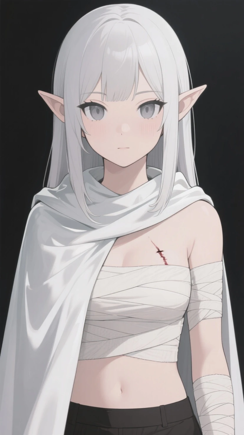 ((1 girl,20 years old,mature female)),long hair,solo,white hair,long hair,(((white skin,pale skin,colored skin))),(((hair over one eye))),(((naked bandage,white pleated mini skirt))),pink eye,elf ear,(sensual expression,blush,smile,sexy)),bare belly,(in ancient ruins,cute ghosts around,nighr,full moon),sensual pose,upper body