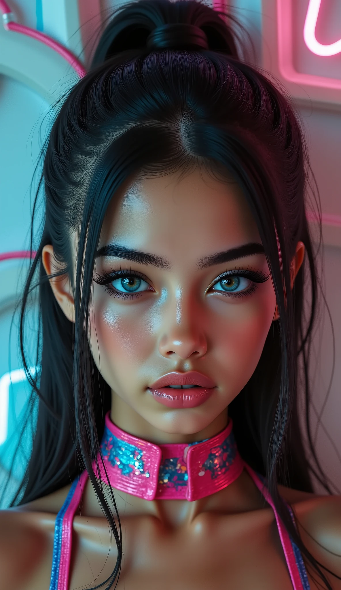 Realistic, (Photorealistic realism 16K), ((ultra quality, extremely detailed digital art)), ((focus on extremely Realistic Proportion Body, Anatomically Correct:1.2)), Beautiful Girl, ultra details, UHD, ((sharp focus, no blurry eyes, high resolution, absurd quality, Realistic brown_eyes:1.4),intricately detail:1.35),((extremely fine details eyes))((extra narrow eyebrows))(extremely fine details pupils).,(ultra realistic texture details: velvety skin, hair),((open mouth, joyful expression)),((perfect dark_eyeshadows:1.4)),(apply glossy red_lipstick:1.3),(perfect proportions:1.2),(anatomically correct), perfect female body, ((Beautiful long legs in good style:1.35)), ((no bra, no panties:1.3)), (medium butt), (skinny body build),(perfect hot model body:1.4), ((slim belly: 1.2)), (muscular body), (Beautiful bikini, made of PVC ribbon), ((Micro Slingshot Swimsuit: 1.25)), ((Wear Micro Sling Made of ((ultra Narrow,, Sparkly neon)), Tight, PVC Ribbon: 1.3)), ((dark Hair,Long Hair,two side up,Crossed bangs,between hair)), arms tattoo,((micro skirt)),angelic cute face,white teeth, perfect beauty, long eyelashes, neon pink lips, oiled skin (psychedelic background, paranoia background),(perfect composition),((look at the viewer)),{((full body shot:1.4))}