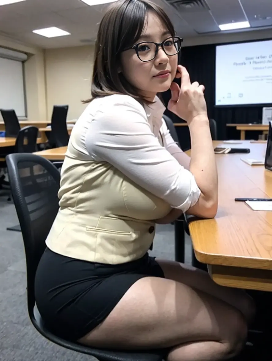 table top, highest quality, 超A high resolution,(photo-realistic:1.4) (Depth of the bounds written),(lens glow) ,32 years old, Jacket、blouse:1.5、office room:1.5、beautiful japanese woman:1.5、Random hairstyles for short hair or updo、company employee、sexy ass、sit on a chair、smile、Tight Skirt:1.5、sexy thighs:1.5、Beautiful legs with bare skin、Full body shot、、cleavage、Just a little plump、Fair skin、multiple moles