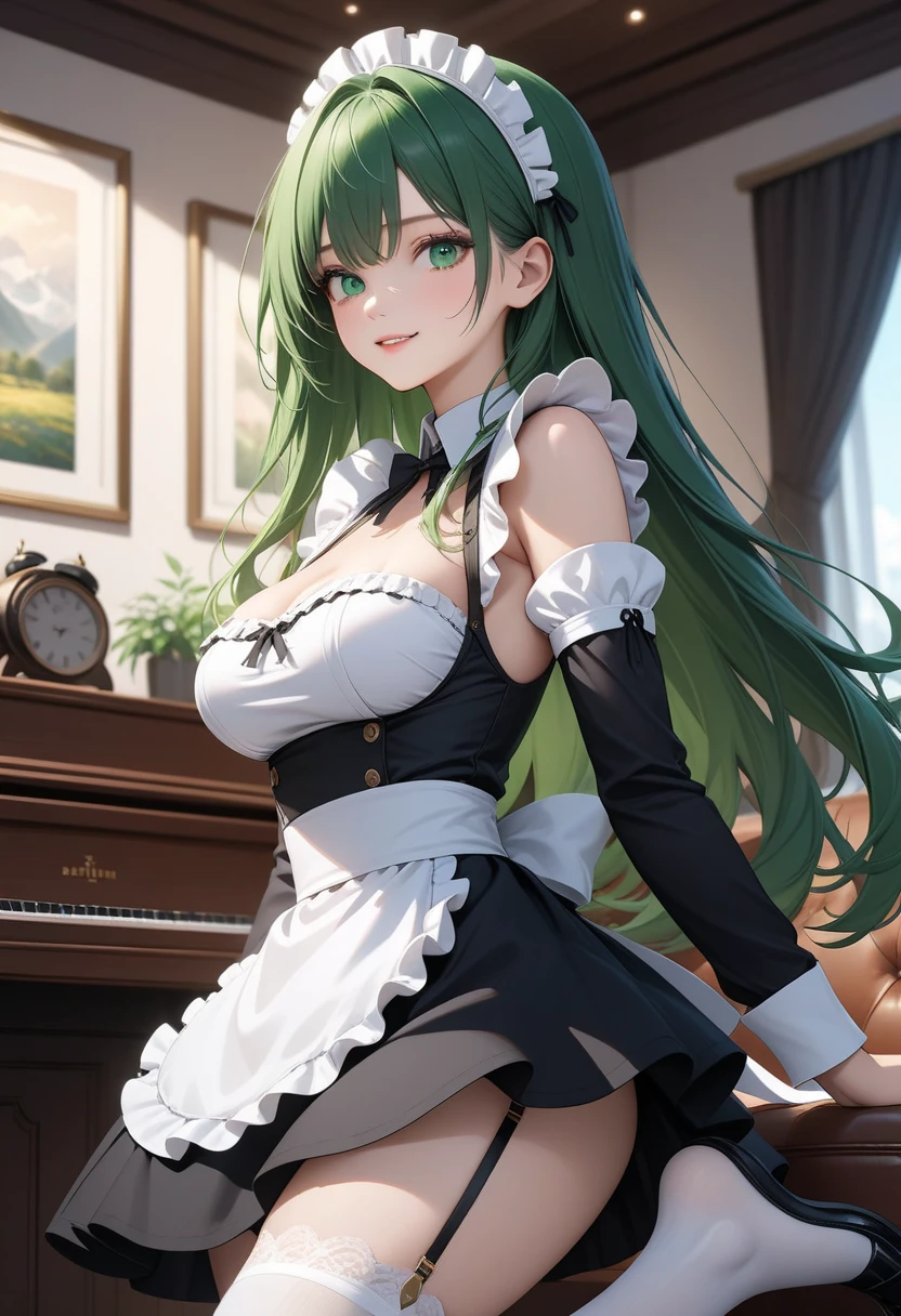 8k, beautiful woman, full body, green hair, ponytail hair, blue eyes, big smile, beautiful makeup, perfect nose, bust vest, black mini skirt, rear view, white garter belt on leg, bare legs, bare arms