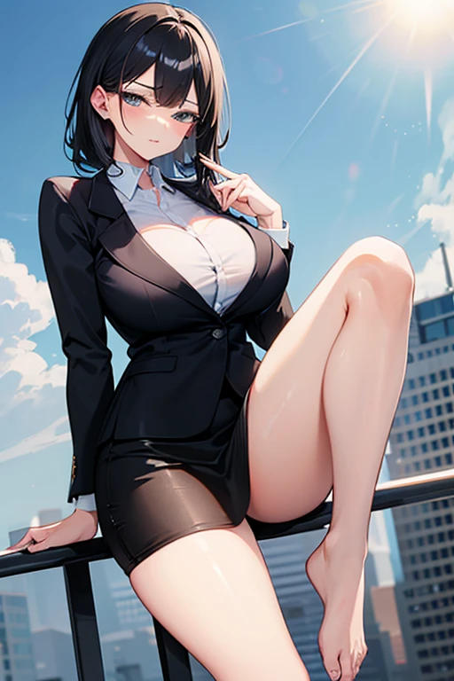Break,(nsfw),nipple,1girl,masterpiece,best quality,masterpiece, best quality, ultra quality, high quality, beautiful detailed glow,film Reflection,from front,front face,((smile,chuckle)),(open legs:1.3),((squatting,spread legs,m legs)),(((arms behind back))),Detailed beautiful eyes,looking at viewer,makeup,Break,(chignon),(((no panty))), wearing flight attendant suit and skirt,Stewardess uniform,flight attendant,black pantyhose,black high heels,(public hair:1.6),(((on the bed,giant modern window with view of nighttime city skyline in background))),