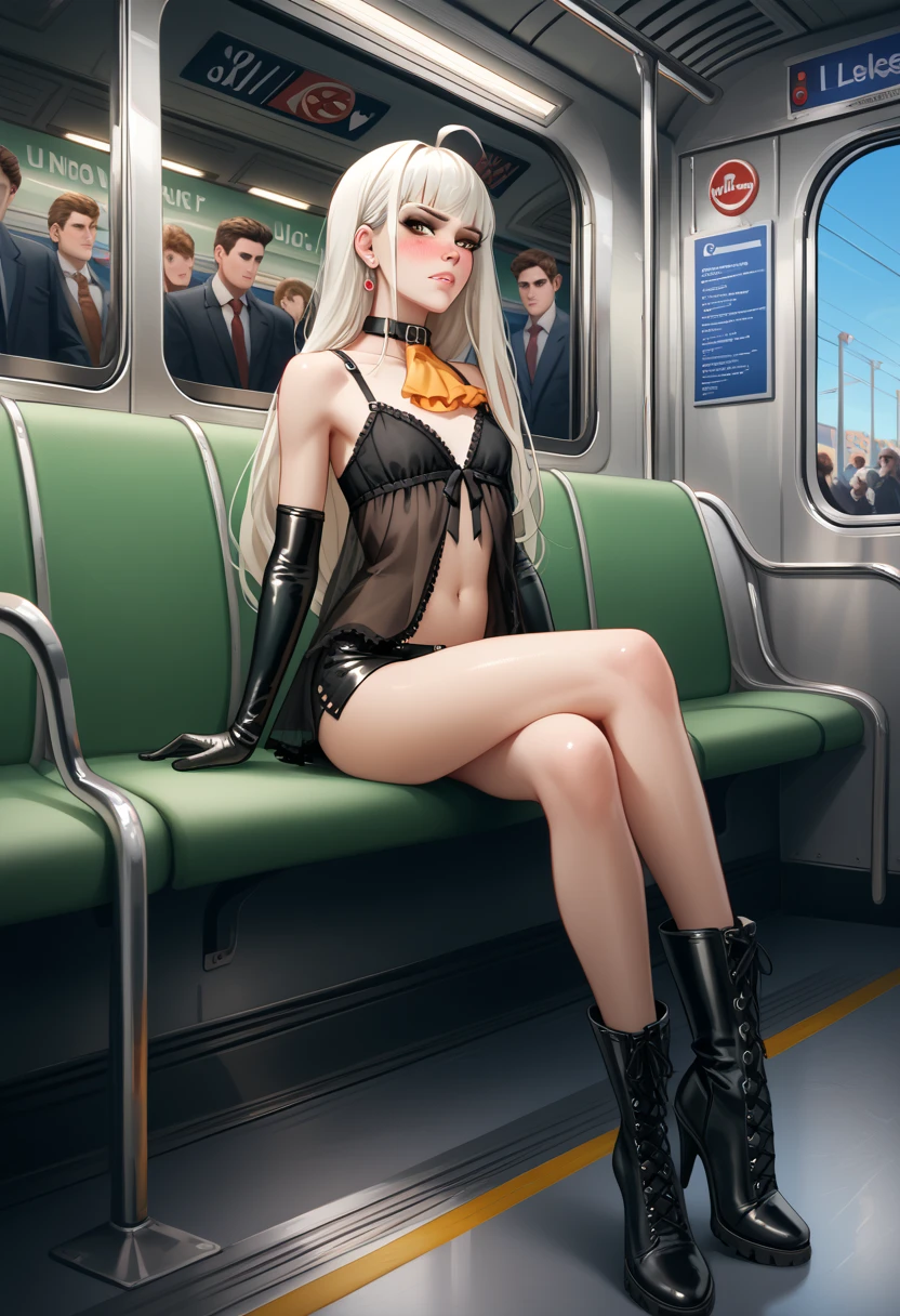 1girl, beautiful lady, tall, adult, high resolution (4k, 8K), semen on shoes, ((dirty subway, subway interior, seats, poles, graffiti)), white hair, blunt bangs, full lips, dark brown eyeshadow, dark eyeliner, slender body, paltry chest, pouting expression, extremely long hair, ((stern expression, handsome facial features, pronounced nose, western features)), ((extremely long ahoge, stylish cowlick)), amber eyes, Super-Resolution, detailed scenario, shiny skin, black regalia, tiny black boyshorts, long gloves, black high boots, black ruffled babydoll lingerie, collar, ascot, amber accents, crowd, ((surrounded by delinquents, gangsters)), upset, full face blush, (((girl sitting on lowlife's lap)))

