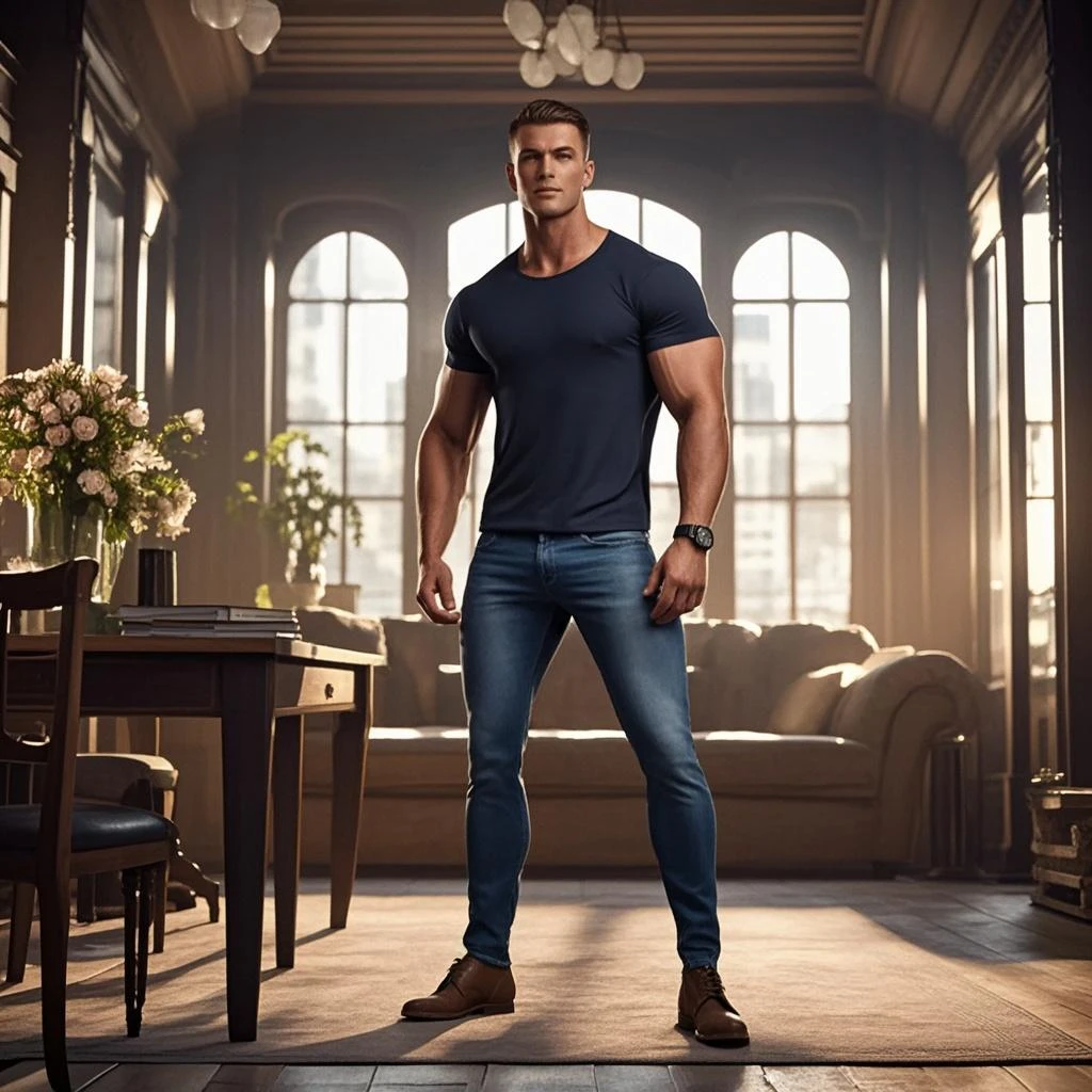 1 young latino man studiyng in the libray  ((fullbody)) Generate image with a theme of beauty and masculine strength in an conection with power love for richness that includes elements such as elegant fuiniture, fancy deco in pastel colors that inspire power, luxury, rich, Intense Look at a fancy room: The man shirtless, barefoot, confident gaze, looking directly at the camera by Aaron Horkey and Jeremy Mann, masterpiece, best quality, Photorealistic, ultra-high resolution, photographic light, illustration by MSchiffer, fairytale, Hyper detailed A mixture of photography and painting, simetryc Composition, Perfect Divine Proportione, 8k resolution fullbody image,(( view from above)) ((full body)) , oil painting intense dark hard colors palette The subject is a Latin man, cinnamon skin, toned muscular slender body, beautiful fine symmetrical face, black eyes, Roman nose, square jaw, diamond face shaped, tall, skin realism, hyperrealism oil painting, he is naked shirtless, wearig hard blue shorts, barefoot, big vulge, erected penis, focus pec abs legs sholders, perfect anatomy, perfect proportions Young man, perfect anatomy, , energetic splendid, Barefoot, naked, small flacid penis, slim and detailed muscles, shirtless, pantless, fullbody, wearing sandals, the composition of shadows and lights give an atmosphere of spaciousness,

