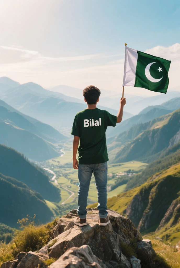 Happy Independence Day 14 August 2024 is written on big flag of Pakistan and a 25-year-old boy is standing in front of him wearing Army T-shirt, with name "Shahab" written on t shirt, and holding the Pakistani flag in his hand, 3D art painting realistic high quality photo
