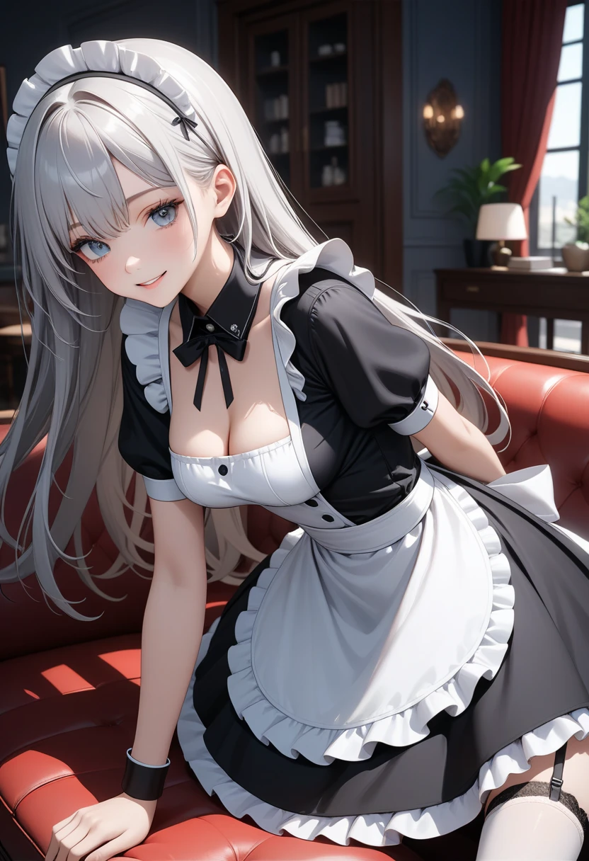 muste piece、masterpiece、highest quality、Super detailed、High resolution、8K portrait、High definition CG of Unity 8k wallpaper、cute type little:1.5、Lori:1.5、Highly detailed CG unity 8k wallpaper、Realistic、real person、 portrait photography、shiny skin、High definition、(:1.2)、(1 girl)、beautiful clear eyes、extremely detailed description、delicate face、nice lips、slender body、big breasts 同 thin waist、thin legs、(Hallway of the mansion:1.6)、1 girl, cute type, perfect face, seriously, (blush:1.5),(silver long hair:1.3),big breasts 同,((Maid clothes:1.2)),black dress,((clothes lift:1.5)), (I have nipples:1.2),((climax in vagina:1.5)),(from front:1.2),gran,(Absolute area:1.2),(leaning forward:1.2)