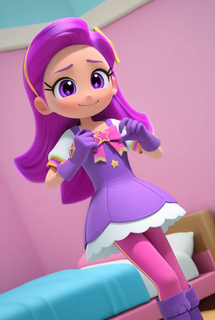 Purple_StarRB, magical girl, 1 girl, solo, pink and blue highlights in her hair, gold headband with light purplish pink ribbon on her head, purple dress with rainbow stars, purple gloves, purple boots with thick rainbow stripes, slight smile, dutch angle, both hands holding the sides of her purplish pink leggings, naughty pose, looking at the viewer, indoors in a bedroom, bed, dynamic pose