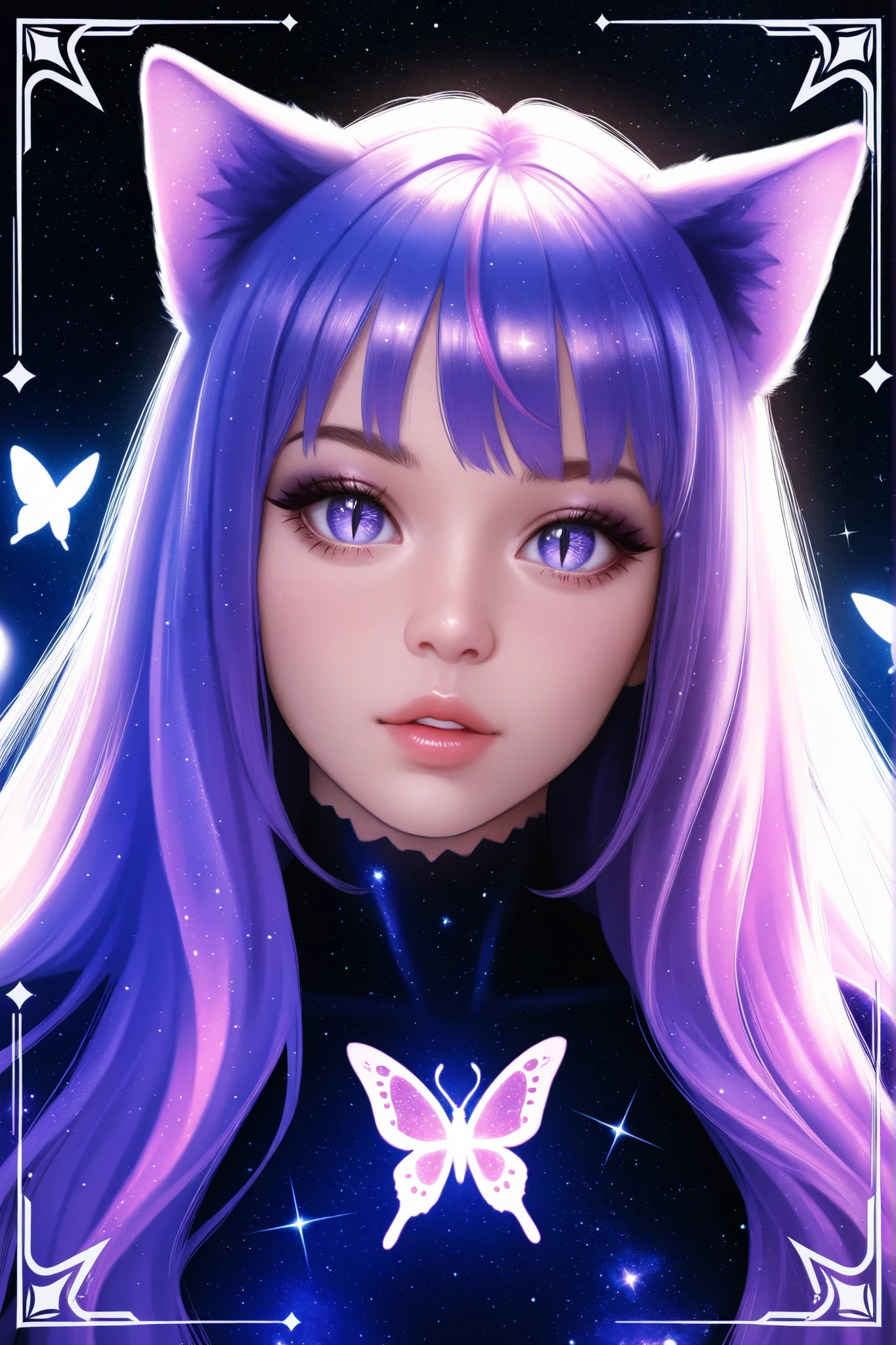 1girl, ultrarealistic, cosmic skin,cosmic face, sparkle, solo, animal_ears, cosmic,stardust_face, ultralong_hair, star_(symbol),female_cancer_zodiac_cat,cancer_zodiac_cat,beautiful_cosmic_ultra_long_lashes_eyes, cosmic_eyes, looking_at_viewer, cat_ears, multicolor_hair, bangs, slit_pupils, lips, parted_lips, star_(sky), shiny, glow, ultralong eyelashes, makeup, upper_body ,cute_pose, starry_sky black_background, glow, butterflies_border, glow, mist_of_purple_smoke mist_of_purple_smoke butterflies_border