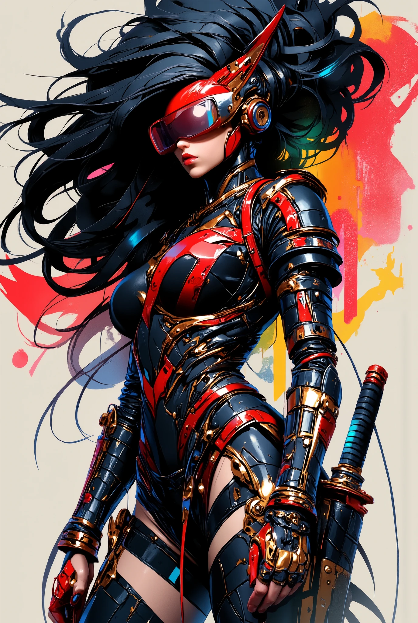 mythp0rt, Inkpunk Anime BREAK, cyberpunk robot samurai woman, robot face with mirrored face shield, hyperdetailed helmet, flowing black hair, reflective black and red armor, robot joints, body made of metals, cables and wires, a katana strapped to her back, abstract colour gradient background
