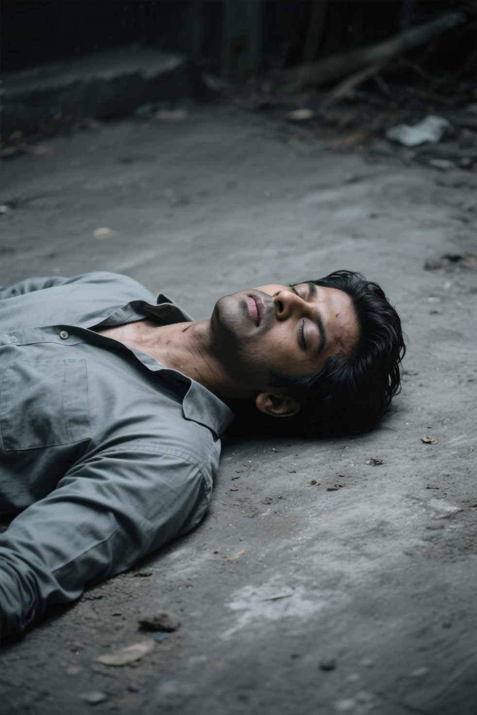 Make a movie poster " A 25 YEAR YOUNG INDIAN BOY, WEARING A SIMPLE FULL SLEAVE SHIRT PANT, HE FALL IN GROUND SEE THE SKY WITH PAINFULLY STRUGGLE , HIS FACE AND BODY IS FULLY BLOOD AND INJURIES, AT NIGHT IN A DARK SOIL GROUND, DRON ANGLE SHOT .