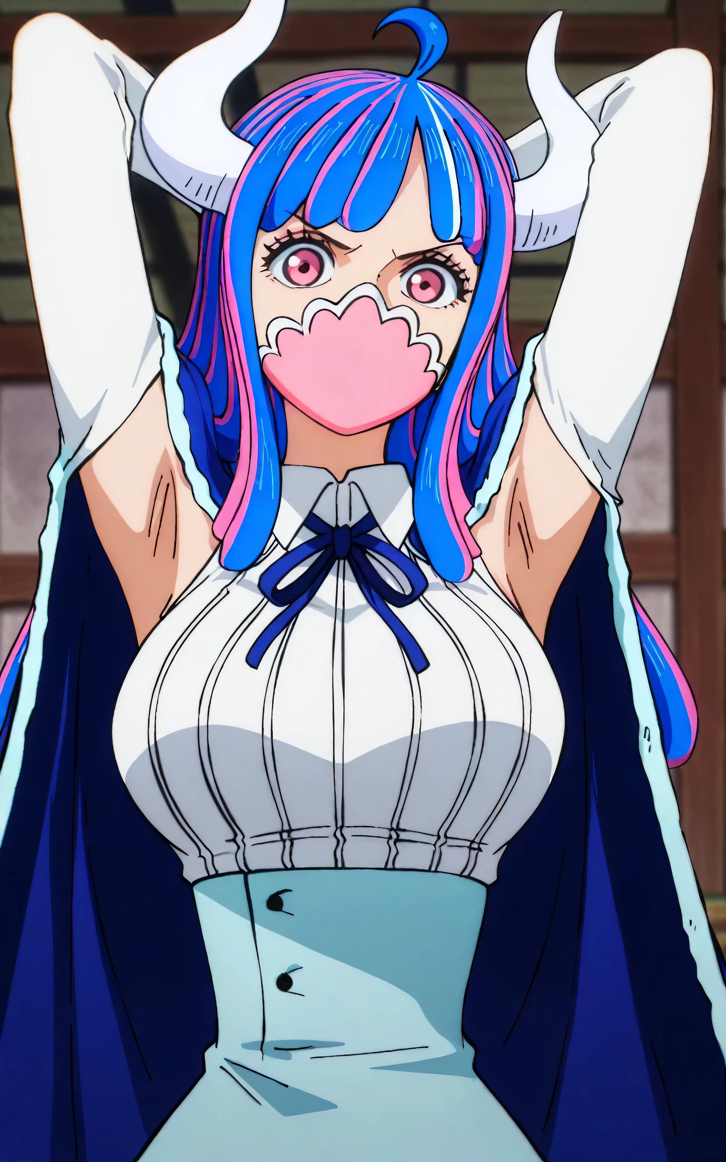 masterpiece, best quality, amazing quality, anime screencap, anime coloring, 1girl, solo, Ulti (character), curled horns, long hair, ahoge, pink hair, blue hair, multicolored hair, pink eyes, mouth mask, mask, blue cape, white shirt, long sleeves, armpit cutouts, exposed armpits, arms behind head, armpits, armpits focus, head towards viewer, looking at viewer, light source in front, indoors
