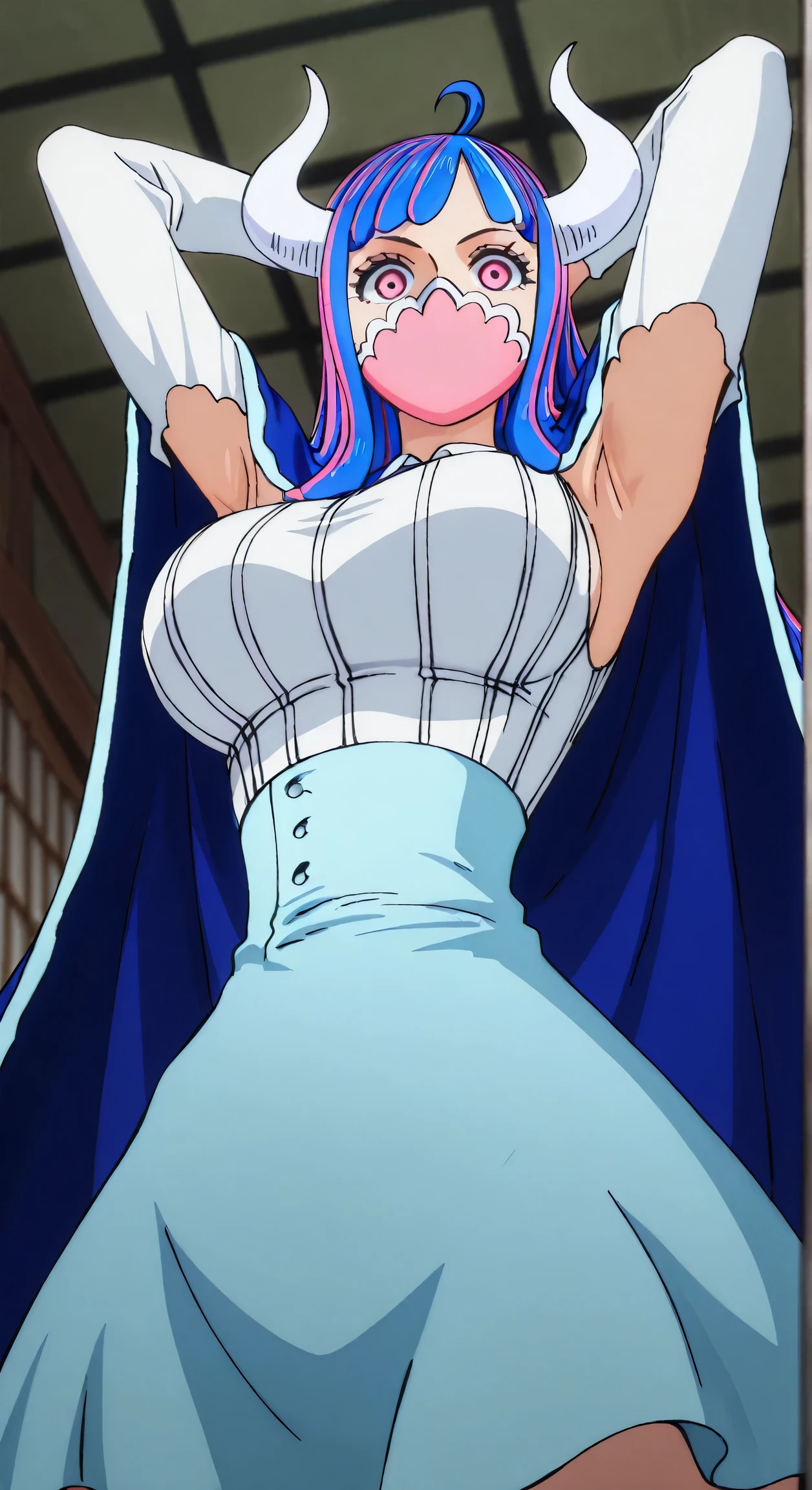 Ulti from one piece, blue hair, red eyes, pink mask, horns, wearing a long-sleeved minidress short skirt, cape, booty, standing, blushing,