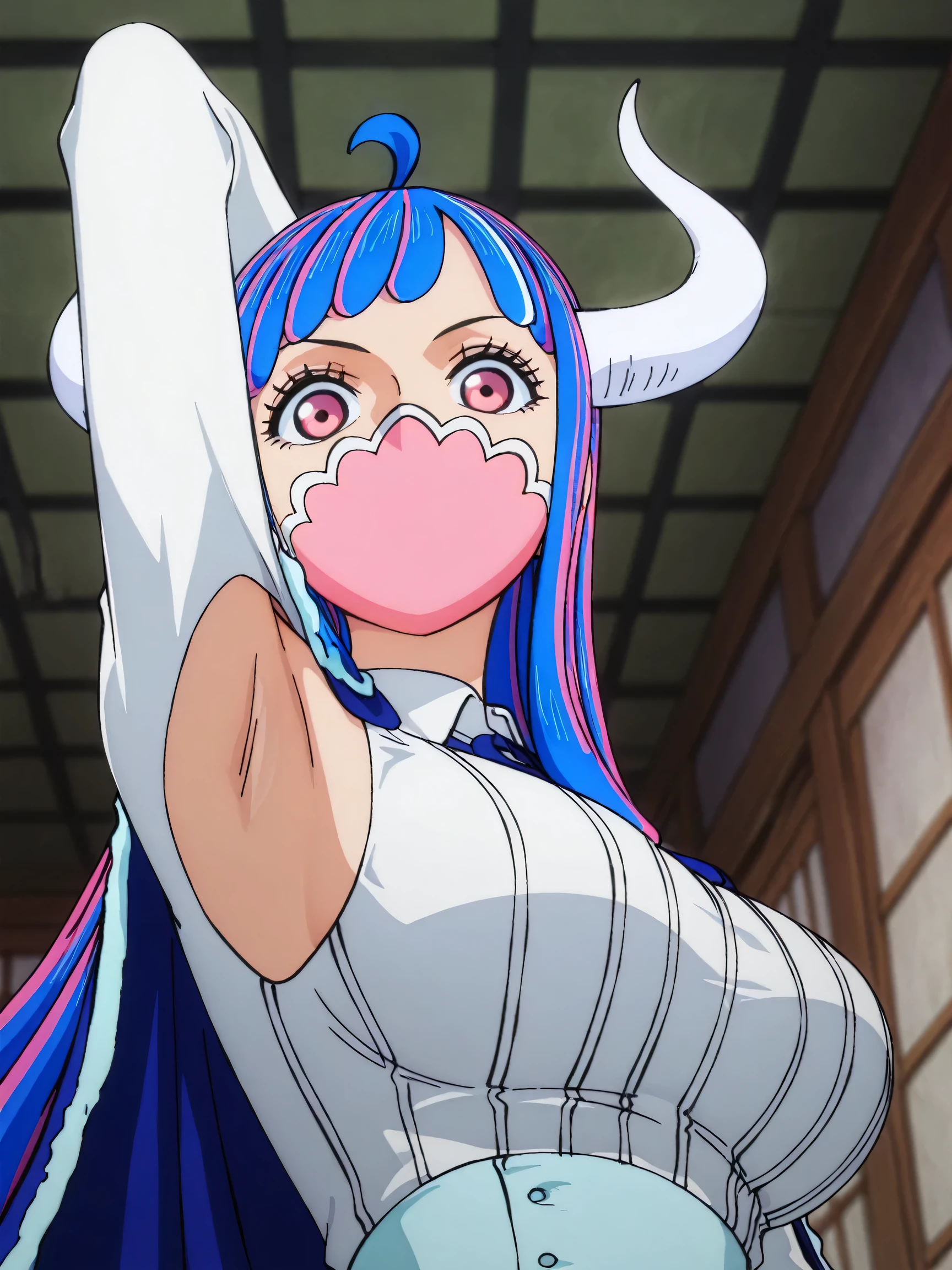 masterpiece, best quality, amazing quality, anime screencap, anime coloring, 1girl, solo, Ulti (character), curled horns, long hair, ahoge, pink hair, blue hair, multicolored hair, pink eyes, mouth mask, mask, blue cape, white shirt, long sleeves, armpit cutout, exposed armpit, arm behind head, armpit, armpit focus, head towards viewer, looking at viewer, light source in front, indoors, from side, from below