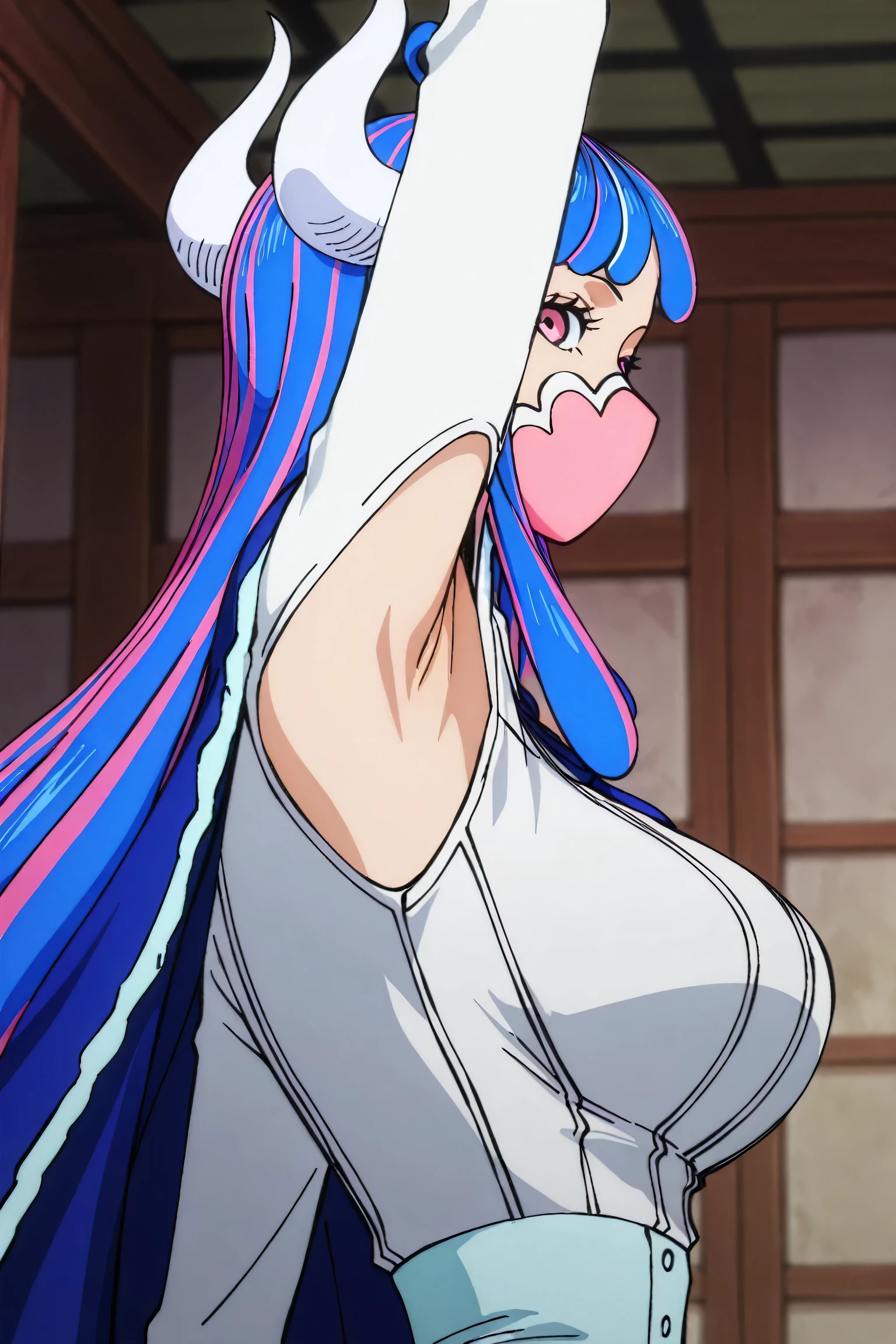 masterpiece, best quality, amazing quality, anime screencap, anime coloring, 1girl, solo, Ulti (character), curled horns, long hair, ahoge, pink hair, blue hair, multicolored hair, pink eyes, mouth mask, mask, blue cape, white shirt, long sleeves, armpit cutout, exposed armpit, arm up, raised arm, armpit, armpit focus, half-closed eyes, head towards viewer, looking at viewer, light source in front, indoors, from side, from behind