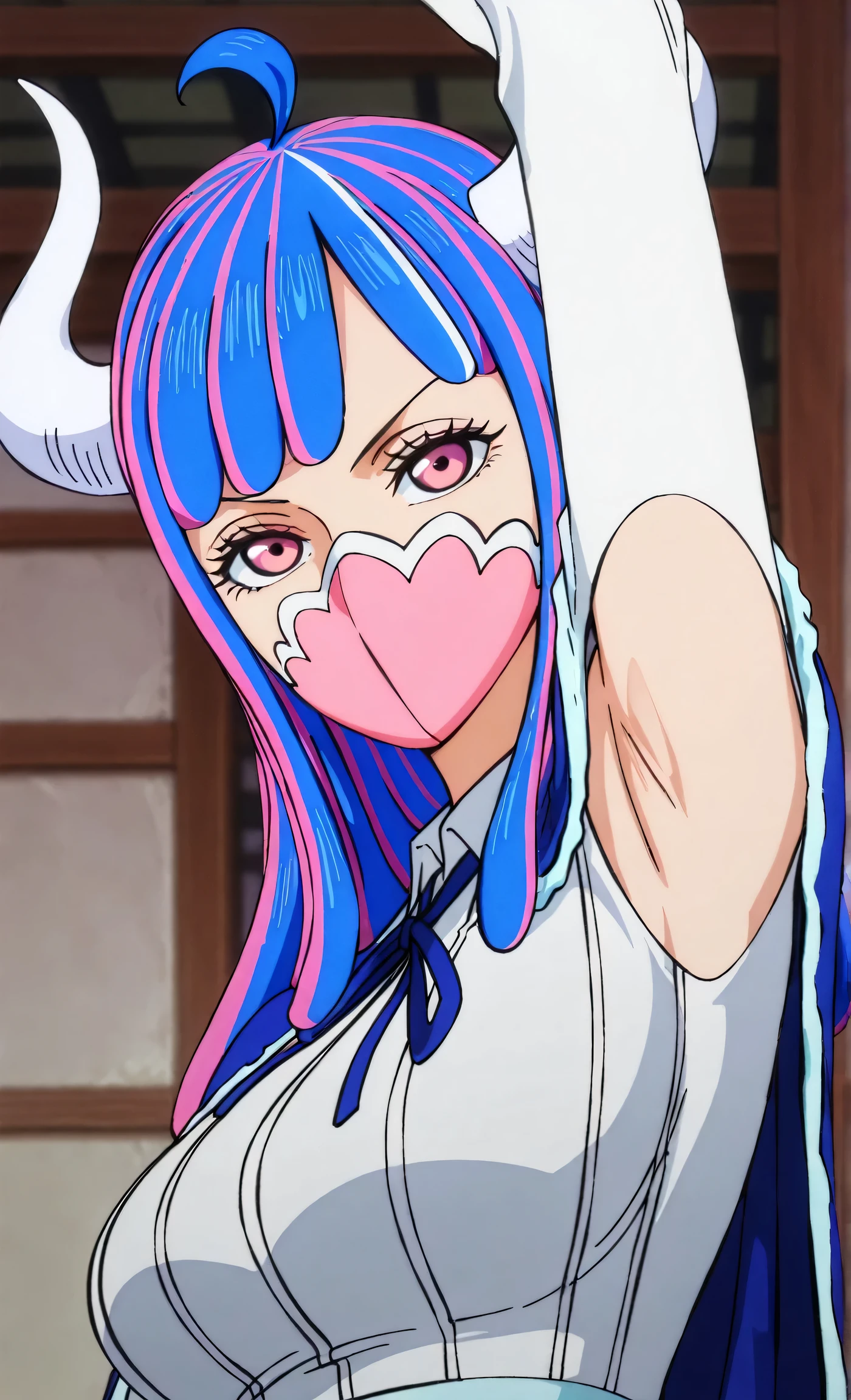 masterpiece, best quality, amazing quality, anime screencap, anime coloring, 1girl, solo, Ulti (character), curled horns, long hair, ahoge, pink hair, blue hair, multicolored hair, pink eyes, mouth mask, mask, blue cape, white shirt, long sleeves, armpit cutout, exposed armpit, arm up, raised arm, armpit, armpit focus, half-closed eyes, head towards viewer, looking at viewer, light source in front, indoors, from side,