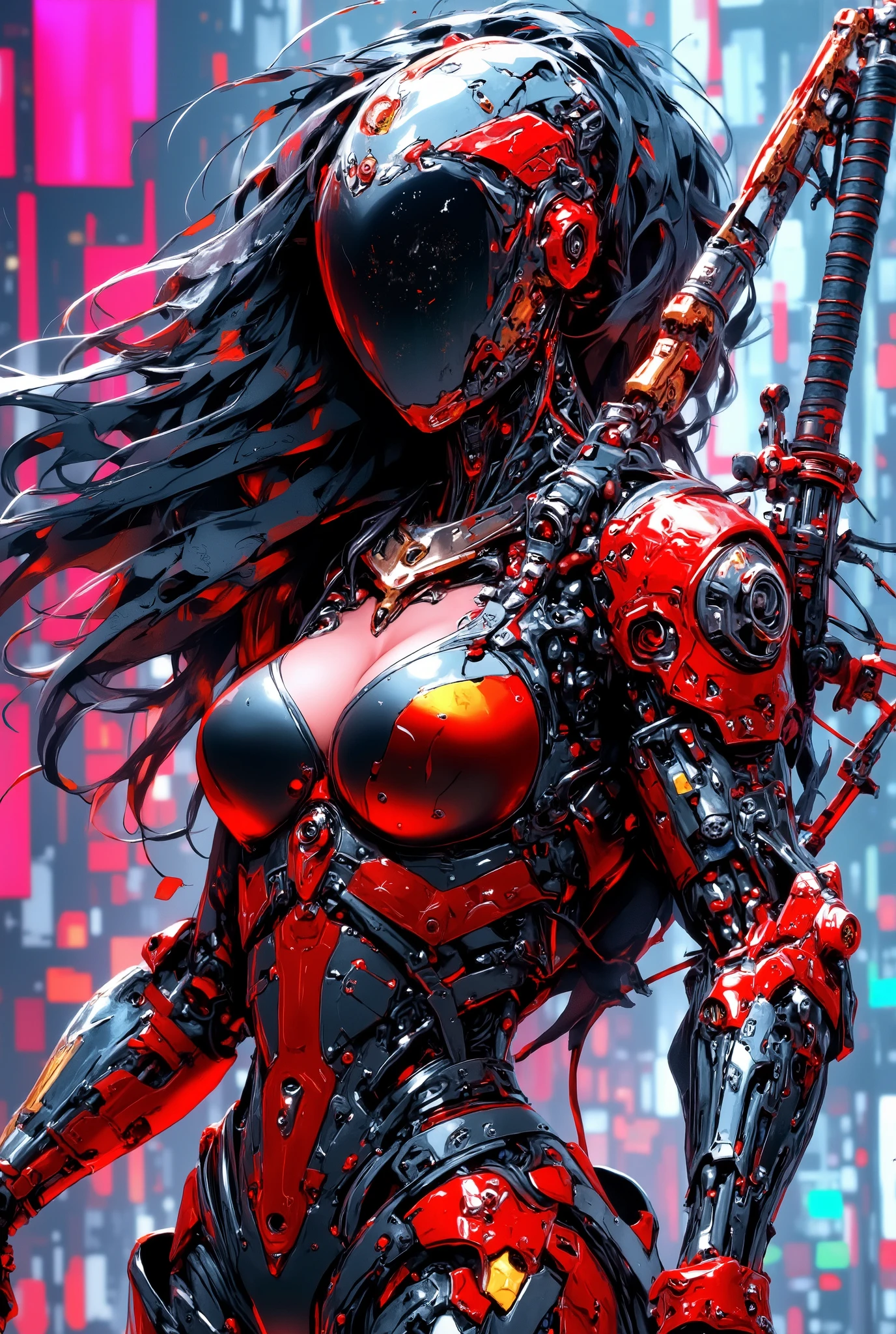 mythp0rt, Inkpunk Anime BREAK, cyberpunk robot samurai woman, robot face with mirrored face shield, hyperdetailed helmet, flowing black hair, reflective black and red armor, robot joints, body made of metals, cables and wires, a katana strapped to her back, abstract colour gradient background