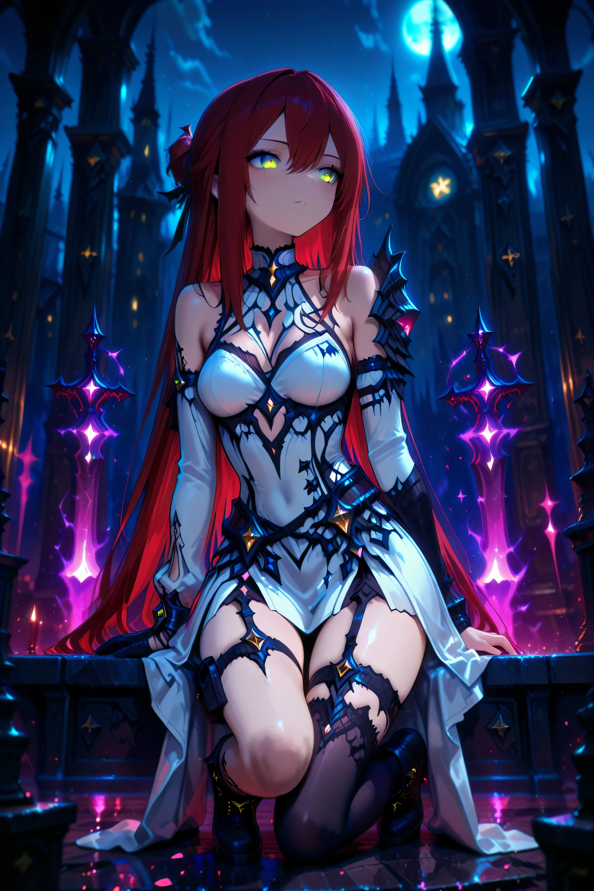1 girl , golden eyes , very long hair , long sidelocks, red hair ,half updo, petite , very cute , beautiful ,Straight hair, cool, handsome, hair between eyes, sexy, medium breasts, , sleeveless dress, single glove, thigh pouch, single sleeve, halterneck, single pauldron, ankle boots, arm strap, single thighhigh,herrscher of finality, white dress,detached sleeves, purple energy