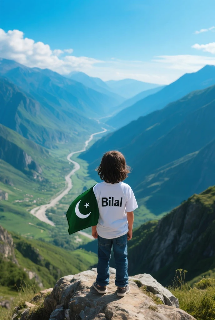 Write name in shirt "Sachal" and His 3 year old Son celebrating independence day of Pakistan with flags in home