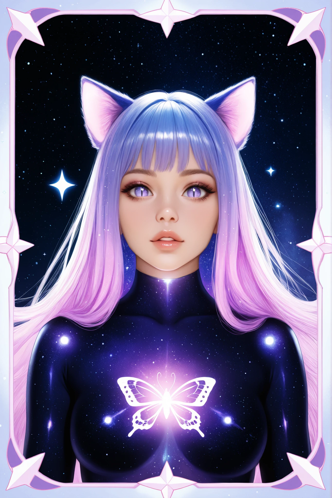 1girl, ultrarealistic, cosmic skin,cosmic face, sparkle, solo, animal_ears, cosmic,stardust_face, ultralong_hair,female_cancer_zodiac_cat,cancer_zodiac_cat,beautiful_cosmic_ultra_long_lashes_eyes, cosmic_eyes, looking_at_viewer, cat_ears, multicolor_hair, bangs, slit_pupils, lips, parted_lips, star_(sky), shiny, glow, ultralong eyelashes, makeup, upper_body ,cute_pose, starry_sky black_background, glow, butterflies_border, glow, mist_of_purple_smoke mist_of_purple_smoke butterflies_border