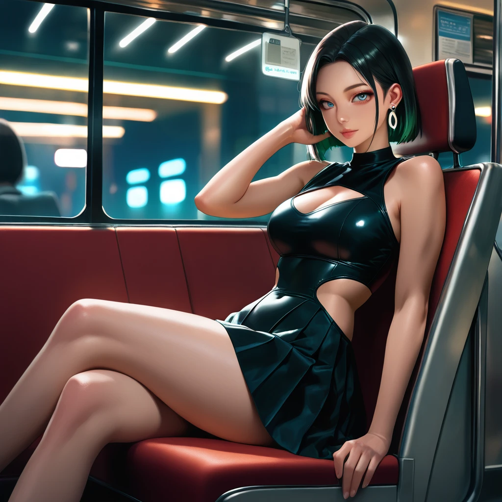 Full body, A woman in a black costume with blank parts of a maid/Batman/Ultraman, a bearded 90 year old man, several men, crowded bus, she is being grabbed by several men, she has Green hair with movement in the wind, blue eyes, huge breasts, wearing a teddy bear hair clip, anime, masterpiece, 16k, super detail, anatomically correct, UHD, textured skin