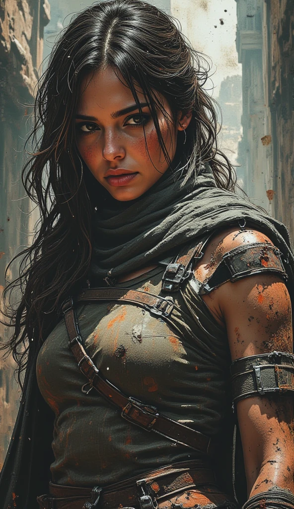A courageous Wasteland Punk battles hand-in-hand through a wasteland full of pitfalls. The camera zooms in on the woman, capturing her determination. The young woman, with a protective expression on her face, wears makeshift armor and patched clothes. As the zoom progresses, the focus shifts to her hands, highlighting the worn and weathered textures that symbolize her journey and the hardships she has endured. This message is realized in a mixed-media sculptural style, combining elements of metalwork and textile art to represent the characters and their resilience in three-dimensional form.