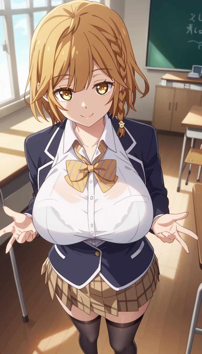 (((Super detailed))),bunny girl,classroom,smile,service,bare breast,standing,bunny ears