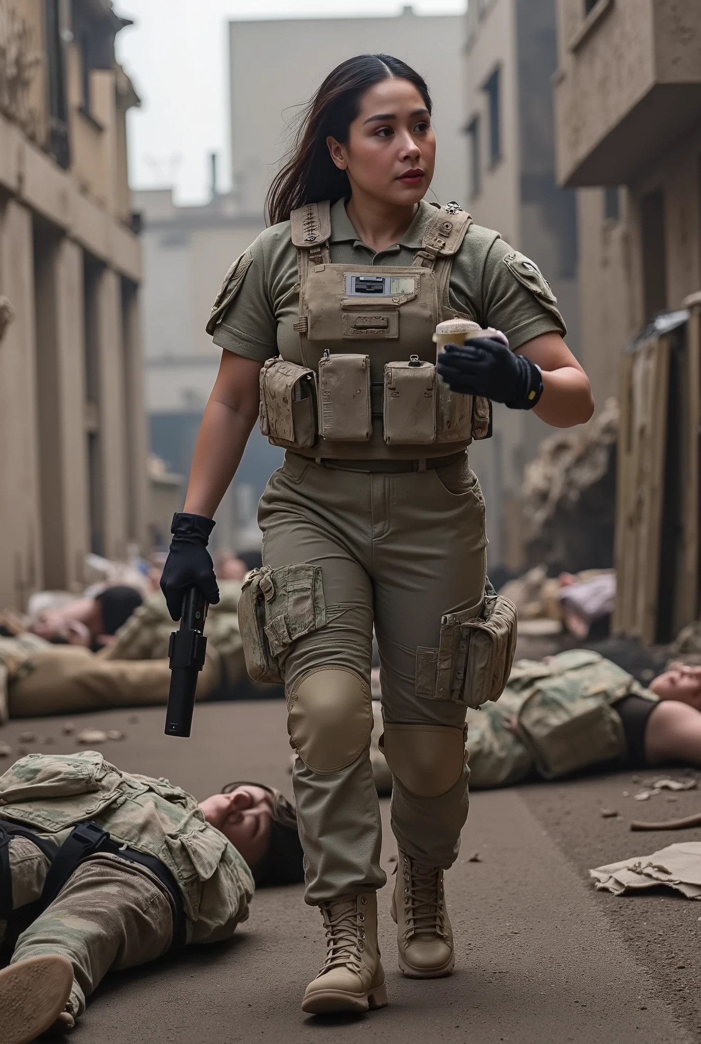 Realistic, real quality, beautiful woman, woman thick hair, woman Delta force Camuflase white outfit, woman delta force armor, woman weapon, woman complete with combat equipment, woman walking in road, all the dead people lying in the streets