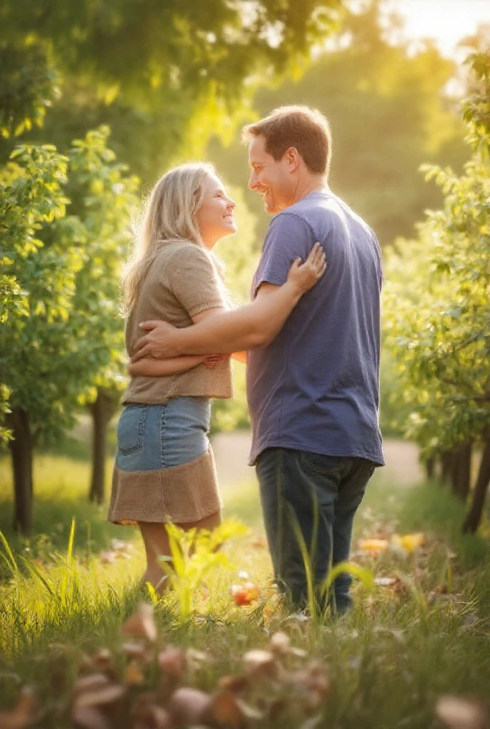a ((husband and your wife)) who show their joy through quality of life, an image with a beautiful flowering field in the background, HDR Camera, Ultra Realistic, photorealist, Super Detailed, High Definition, Canon EOS R6, Ultra Realist, focus sharp:1.2, lens flare, Ultra-Wide Angle, 135mm, f/16, from below, reflection light, 16k