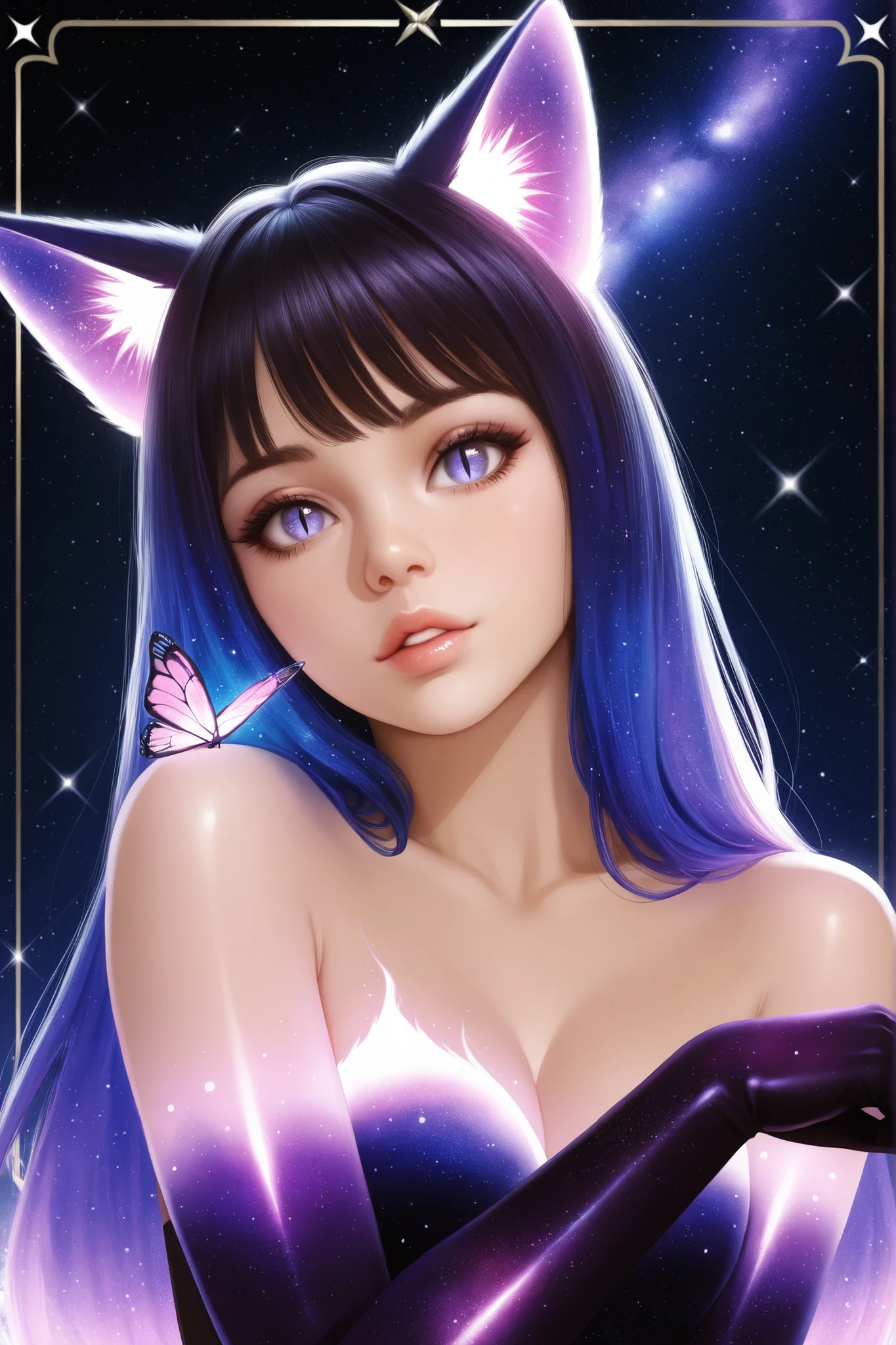 1girl, ultrarealistic, cosmic skin,cosmic face, sparkle, solo, animal_ears, cosmic,stardust_face, ultralong_hair,female_cancer_zodiac_cat,cancer_zodiac_cat,beautiful_cosmic_ultra_long_lashes_eyes, cosmic_eyes, looking_at_viewer, cat_ears, multicolor_hair, bangs, slit_pupils, lips, parted_lips, star_(sky), shiny, glow, ultralong eyelashes, makeup, upper_body ,cute_pose, starry_sky black_background, glow, butterflies_border, glow, mist_of_purple_smoke mist_of_purple_smoke butterflies_border