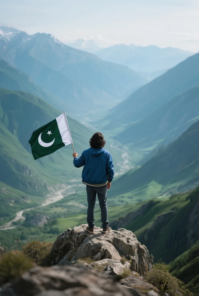 A person is holding a Pakistani flag in his hand, there is a mountain in the background and he is standing there