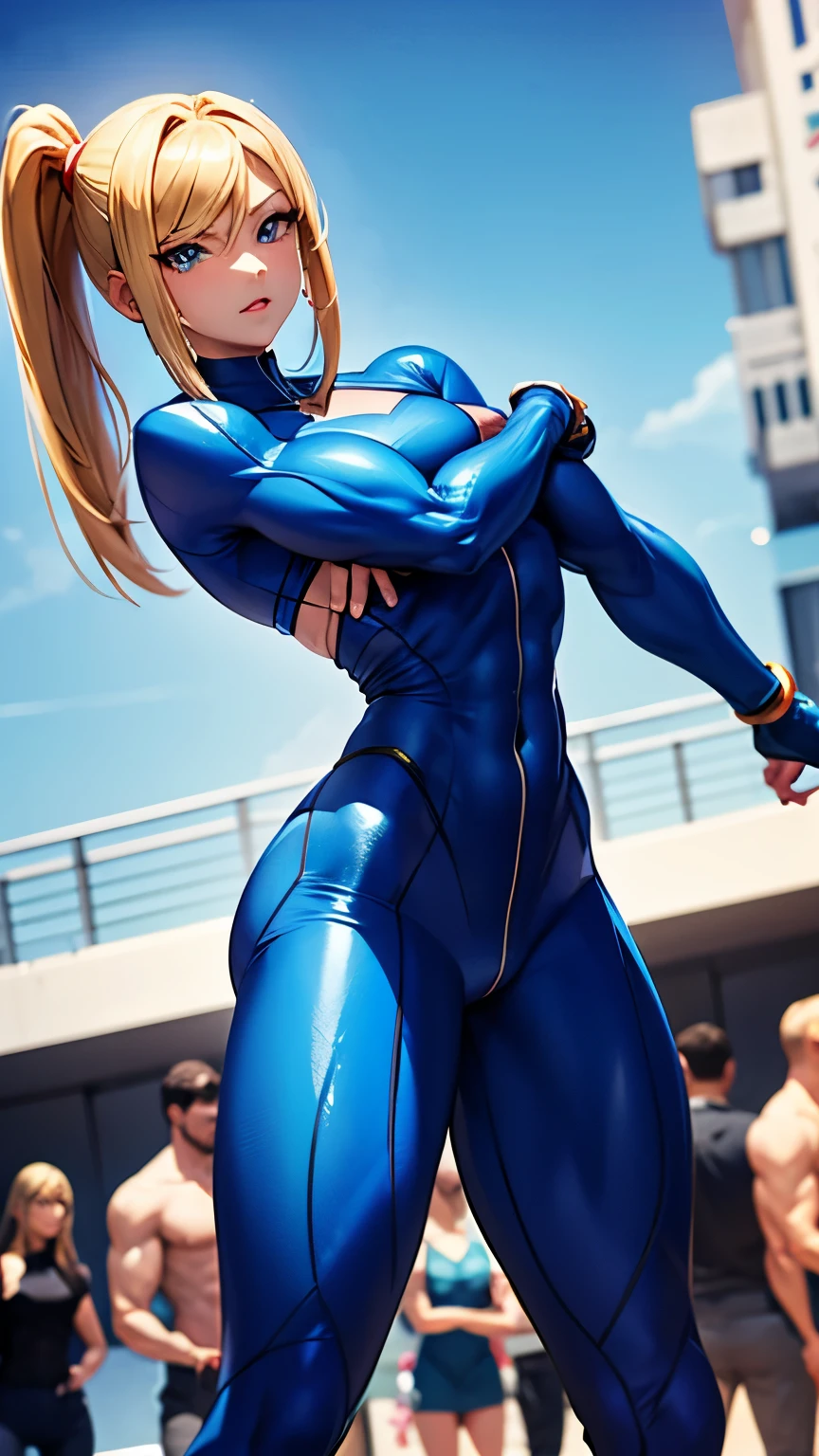 Vault-girl, vault 111 jumpsuit, 1girl, bursting breasts, breast expansion, large breasts, crossed arms, vibrant blue eyes, blushing, long blonde hair,