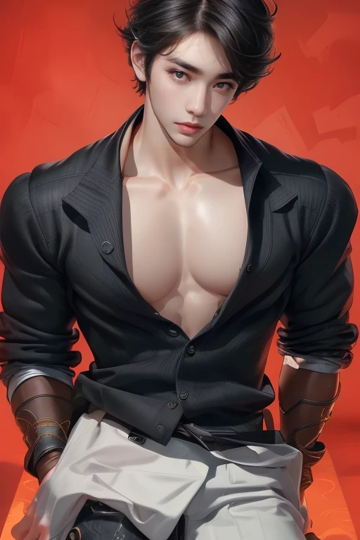 man with black hair, mascular, light black eyes, black mask, white kamis