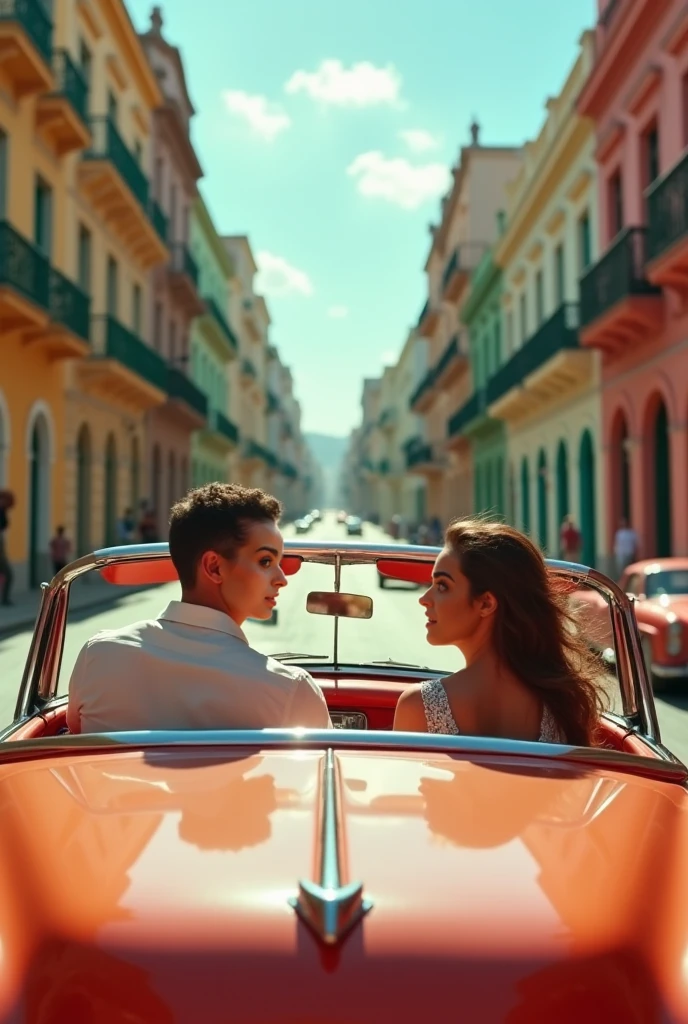 "A couple in love enjoying a summer evening in a vintage convertible car, com o horizonte da cidade retratado em cores vibrantes do Synthwave."
Use neon and saturated tones to highlight the characteristic colors of Synthwave, como rosa, azul e roxo. --auto