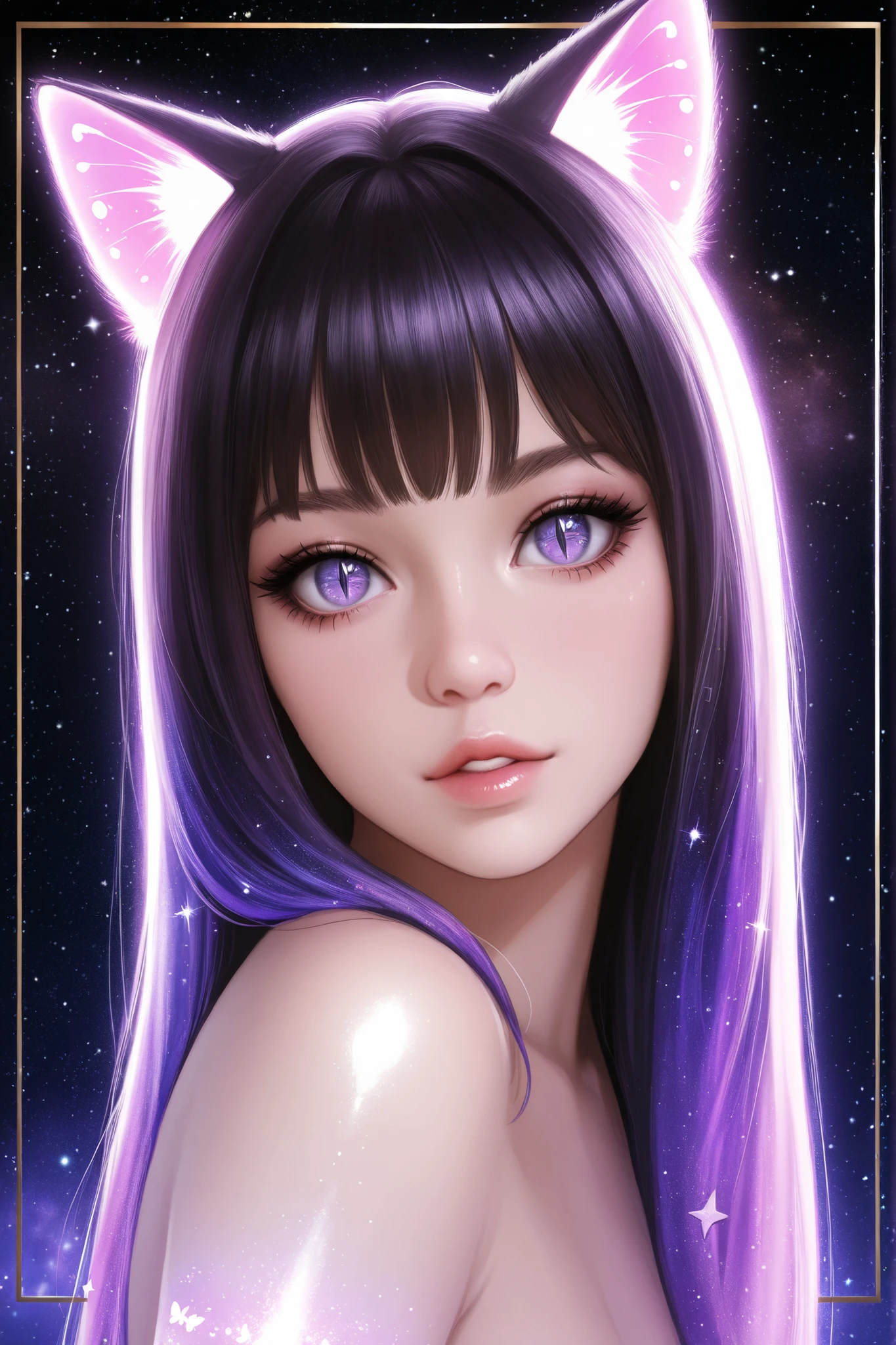 1girl, ultrarealistic, cosmic skin,cosmic face, sparkle, solo, animal_ears, cosmic,stardust_face, ultralong_hair,female_cancer_zodiac_cat,cancer_zodiac_cat,beautiful_cosmic_ultra_long_lashes_eyes, cosmic_eyes, looking_at_viewer, cat_ears, multicolor_hair, bangs, slit_pupils, lips, parted_lips, star_(sky), shiny, glow, ultralong eyelashes, makeup, upper_body ,cute_pose, starry_sky black_background, glow, butterflies_border, glow, mist_of_purple_smoke mist_of_purple_smoke butterflies_border