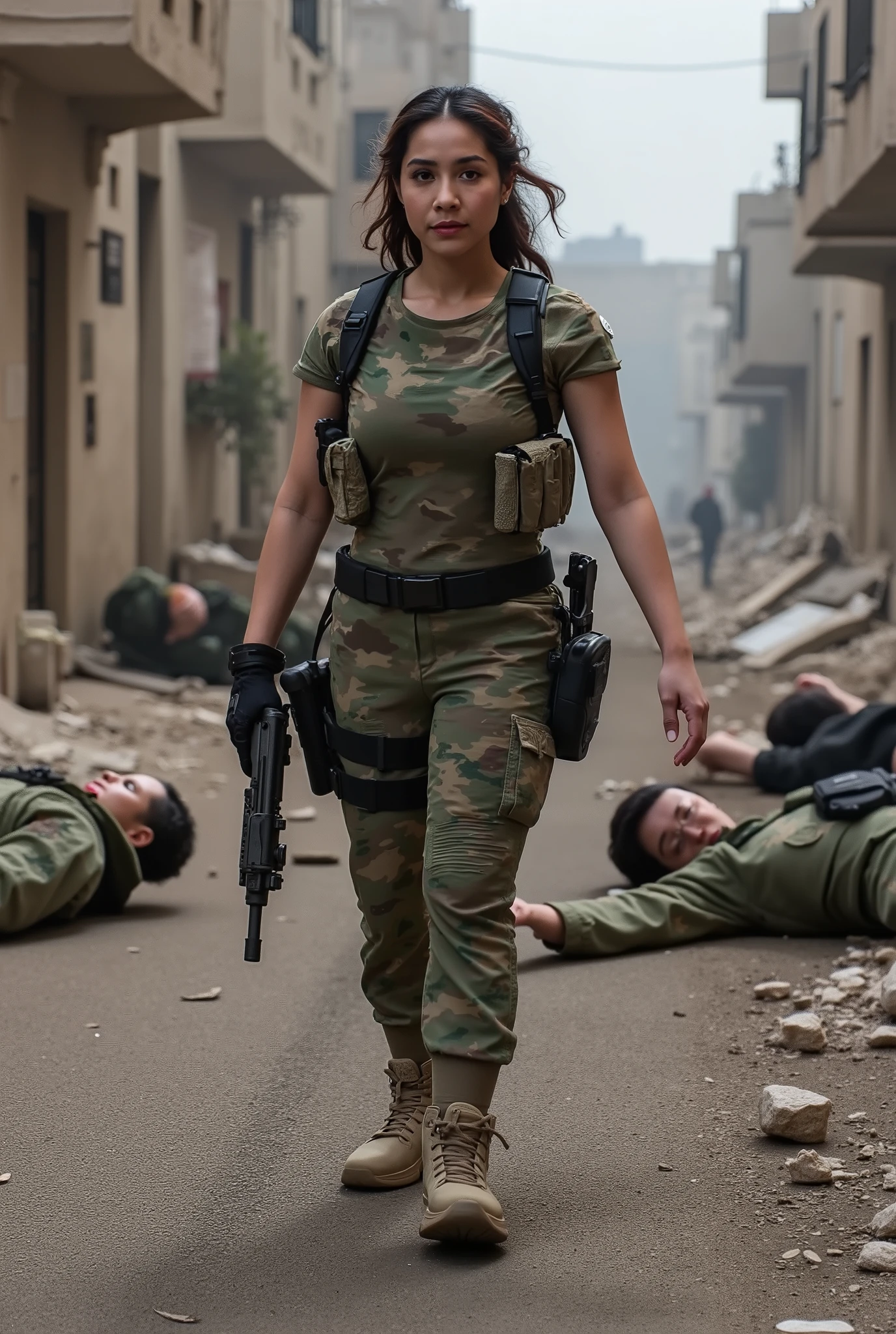 Realistic, real quality, beautiful woman, woman thick hair, woman Delta force Camuflase white outfit, woman delta force armor, woman weapon, woman complete with combat equipment, woman walking in road, all the dead people lying in the streets