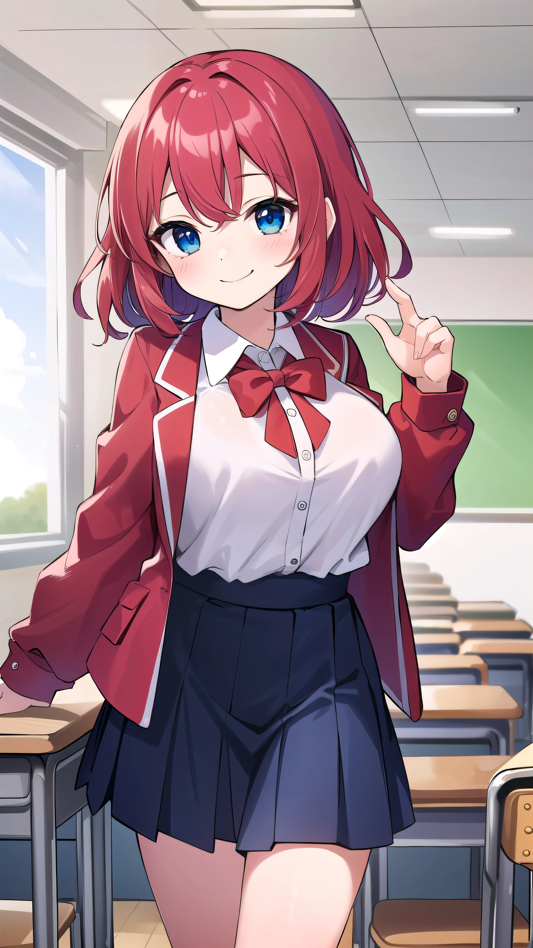 Big breasts, red hair, blue eyes, droopy eyes, red jacket, long sleeves, (navy skirt:1), elementary school student, (super big breasts:1.2), (medium hair: 1.2), baggy clothes, elementary school student, young face, short height, 10 years old, old, shy A shy guy, smiling a little, trying to open the buttons of his shirt, white shirt, red tie,(straight hair:1.2) , gentle smile, a little smile