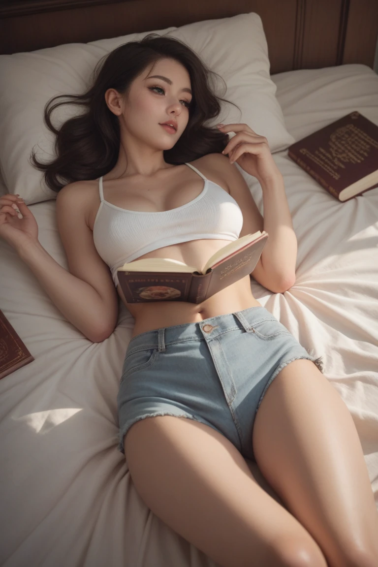 Uma mulher de cueca, com o corpo iluminado pelo sol, senta-se na cama, pernas cruzadas, Reading a book on a quiet morning. On the table is a cup of coffee, Foto tirada com uma lente de 50mm em F7.0, ISO 200