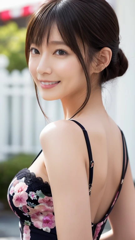 1girl, in an english garden, detailed background, Extremely beautiful, amazing face and eyes, extremely detailed beautiful face, SLIGHTLY LONG CHIN), (Ultra realistic), (highly detailed eyes, highly detailed hair, highly detailed face, highly detailed plump lip, petite and curvy, breasts, dynamic action, sexy pose, upper and lower body, sweet smile (best quality:1.4), Raw photo, (realistic, photo-realistic:1.4), professional photography, cinematic light, VERY intricate lace lingerie goddess style, above shot, wide angle shot, flowers, ethereal, english rose style