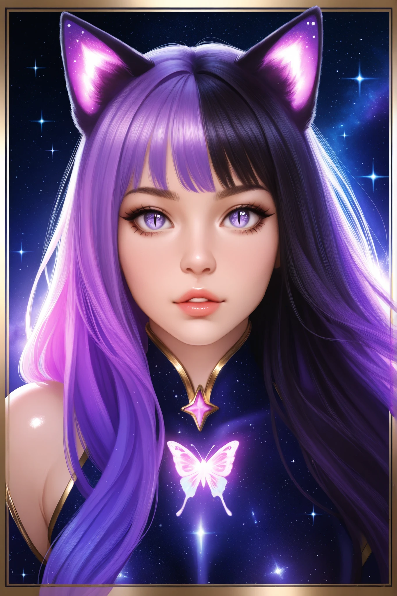1girl, ultrarealistic, cosmic skin,cosmic face, sparkle, solo, animal_ears, cosmic,stardust_face, ultralong_hair,female_cancer_zodiac_cat,cancer_zodiac_cat,beautiful_cosmic_ultra_long_lashes_eyes, cosmic_eyes, looking_at_viewer, cat_ears, multicolor_hair, bangs, slit_pupils, lips, parted_lips, star_(sky), shiny, glow, ultralong eyelashes, makeup, upper_body ,cute_pose, starry_sky black_background, glow, butterflies_border, glow, mist_of_purple_smoke mist_of_purple_smoke butterflies_border