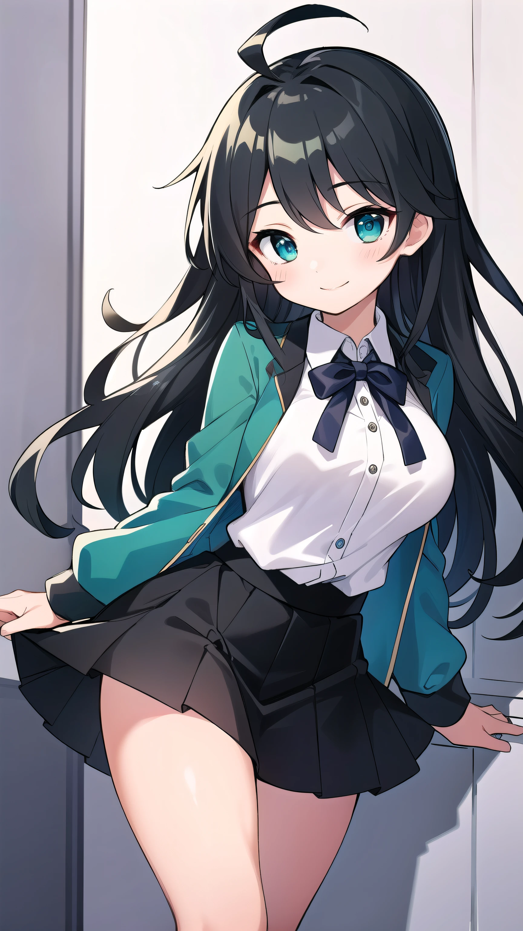 Junior high school student who looks like an elementary school student, 10 years old, very short, 140 cm tall, black hair with a slight green tinge, short ahoge, beautiful long hair but with a little hair sticking out, beautiful round eyes, blue eyes, smile, boyish, long sleeves, Thick clothes, skirt, big breasts, hair longer than waist, long hair, childish face, gentle smile, a little shy, black skirt, black hair with a slight green tinge, boyish, gentle smile, jacket one size larger, ( Deep greenish black hair: 1.3), dark green jacket, white shirt, (red tie:1.5), black skirt
