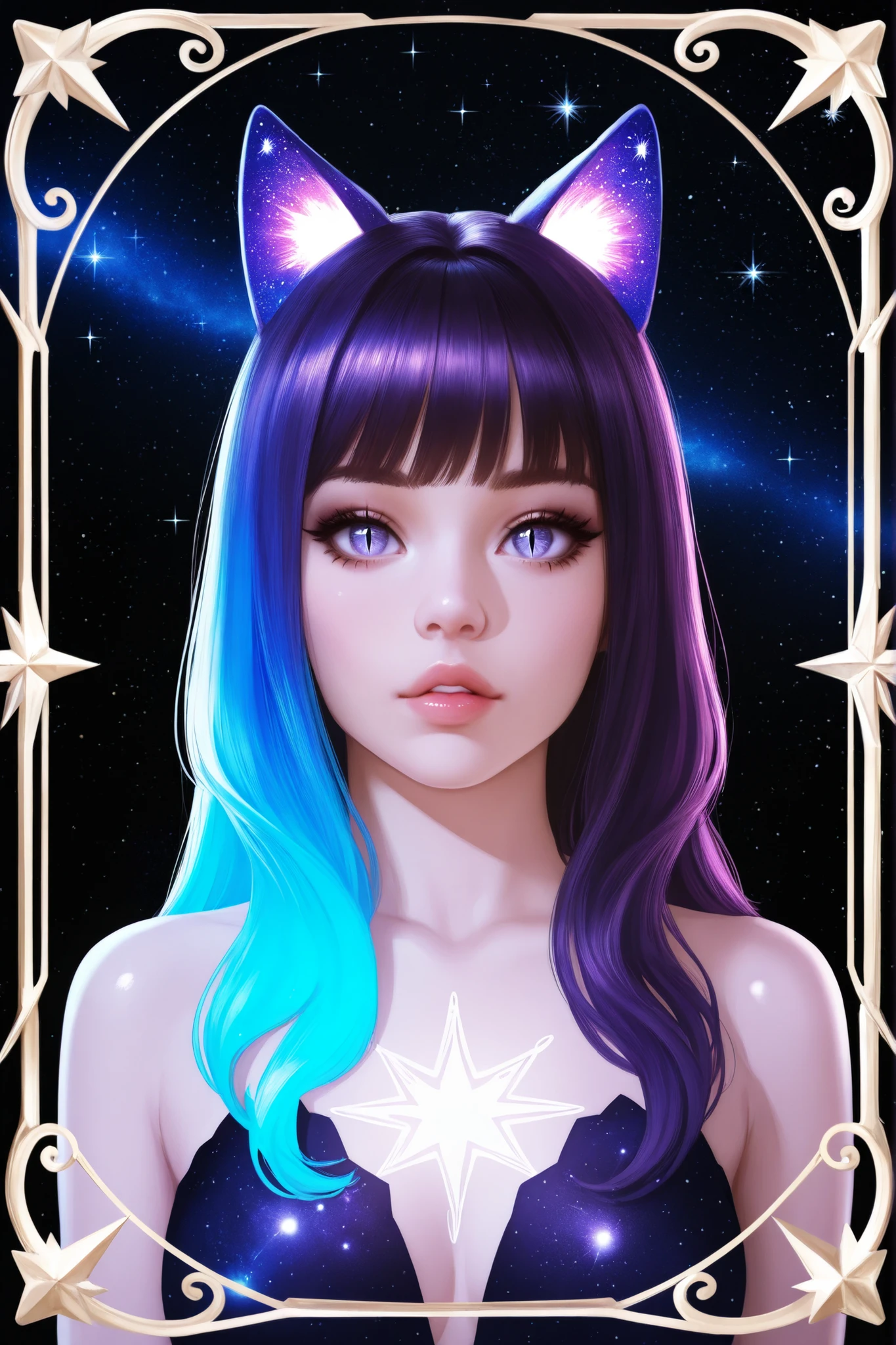1girl, ultrarealistic, cosmic skin,cosmic face, sparkle, solo, animal_ears, cosmic,stardust_face, ultralong_hair,female_cancer_zodiac_cat,cancer_zodiac_cat,beautiful_cosmic_ultra_long_lashes_eyes, cosmic_eyes, looking_at_viewer, cat_ears, multicolor_hair, bangs, slit_pupils, lips, parted_lips, star_(sky), shiny, glow, ultralong eyelashes, makeup, upper_body ,cute_pose, starry_sky black_background, glow, butterflies_border, glow, mist_of_purple_smoke mist_of_purple_smoke butterflies_border
