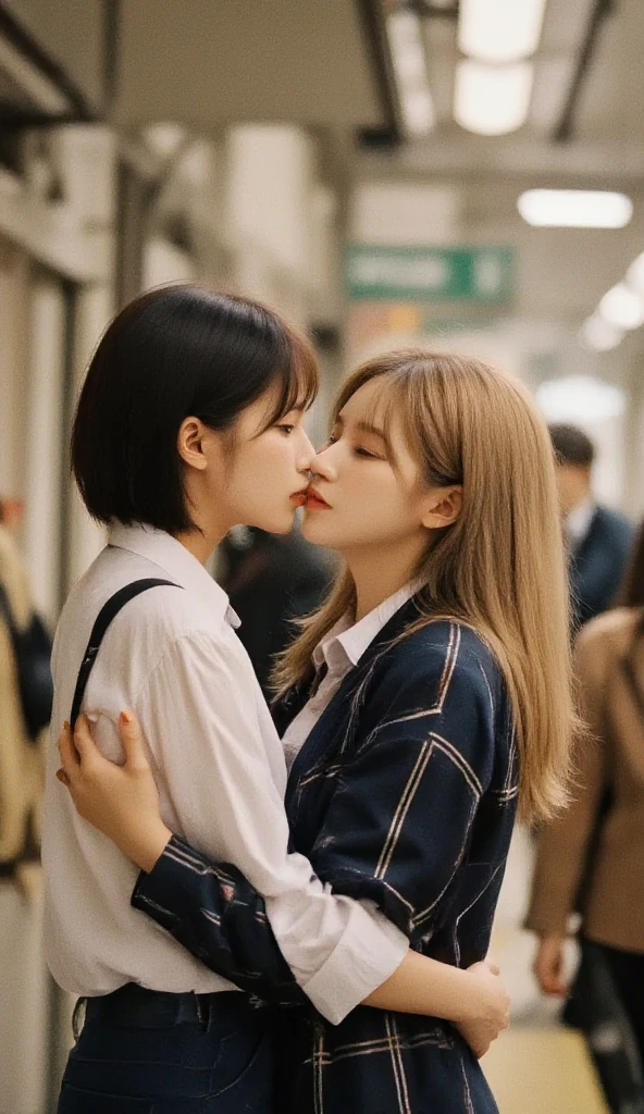 (Two sisters):1.9, Two sisters are sitting on a bench in the garden, 
((older sister is a 25-year-old adult woman and my younger sister is a 16-year-old high school student):1.9, yuri, couple,
BREAK, 
(((The older sister has long, straight brown hair styled in a bob cut and is wearing a business suit, tight, natural big breasts, feminine body, She is slightly taller than the younger sister))):1.8
BREAK, 
(((The younger sister has wavy black hair in a ponytail and is wearing a , immature body)))1.8, she seems a little embarrassed, 
BREAK, 
(((Older sister and younger sister are hugging and kissing, kissing with eyes closed, kiss, yuri kiss)))
BREAK, 
masterpiece, accurate, anatomically correct, textured skin, high details, high quality, award winning